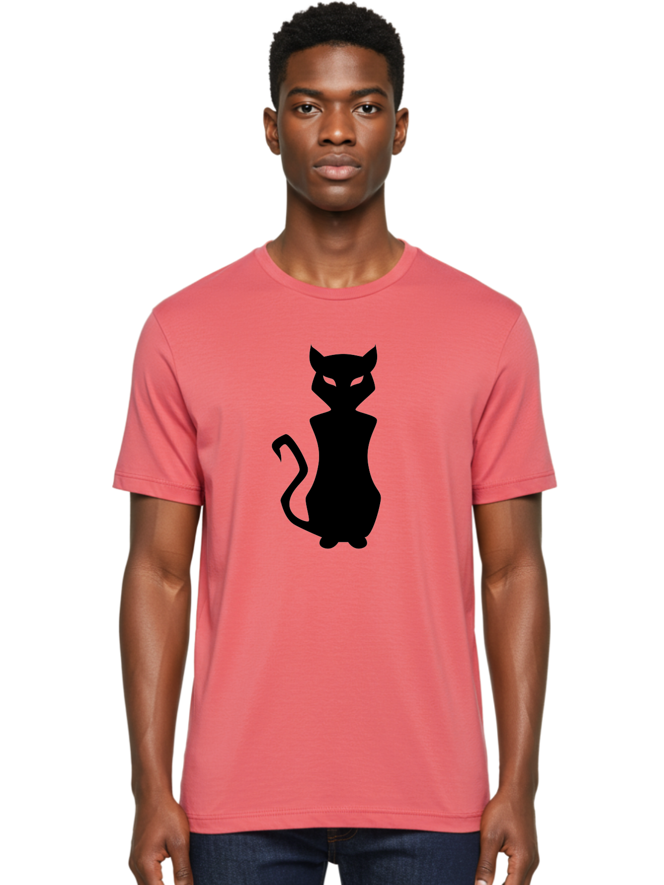 Cat-Silhouette Men'S Graphic Tee, 100% Cotton, Comfortable Casual Summer Wear, Machine Washable, Black Cat Silhouette, Glowy Eyes, Cat'S Paw On Face, Feline Figure, Mysterious Animal, Sleek Design, Glowing Green Eyes, Cat Shape Aab209