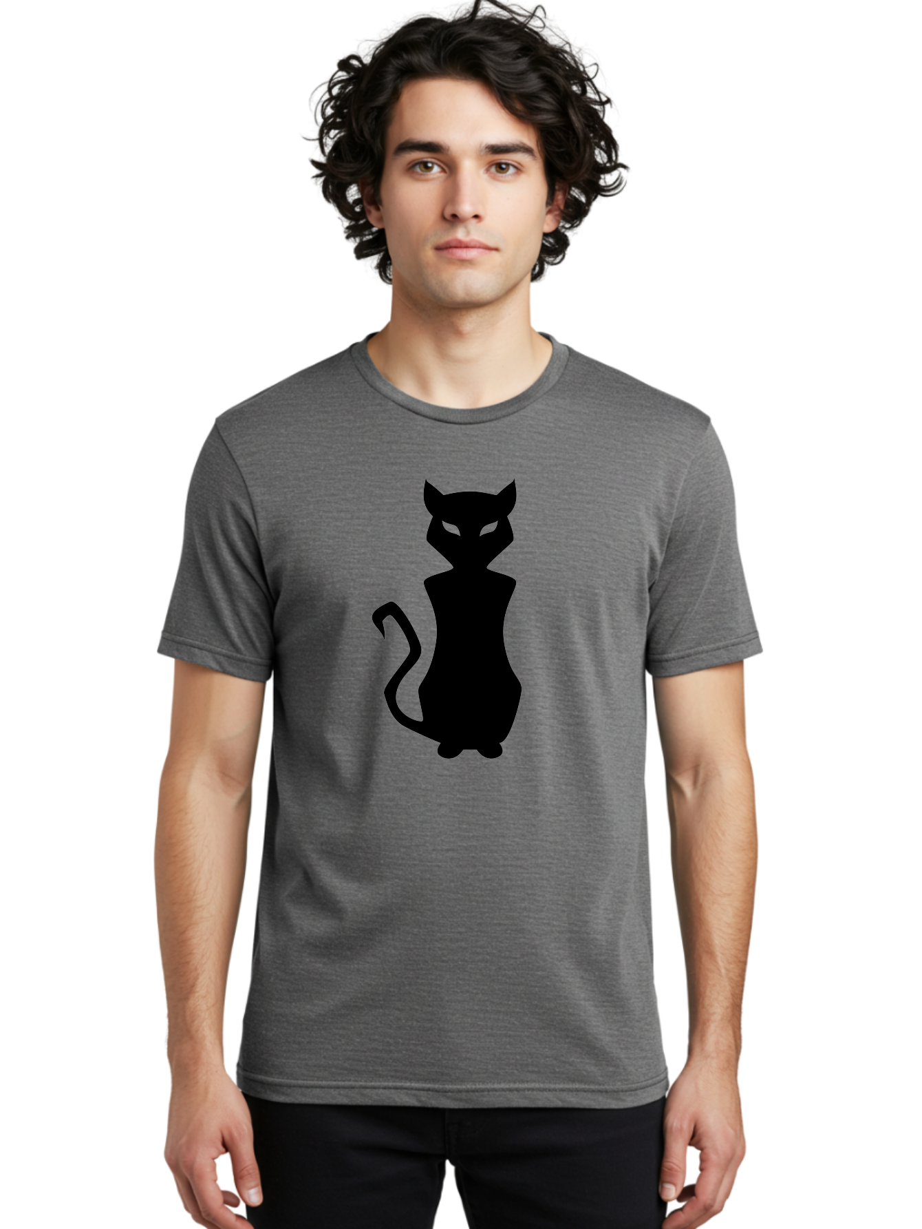 Cat-Silhouette Men'S Graphic Tee, 100% Cotton, Comfortable Casual Summer Wear, Machine Washable, Black Cat Silhouette, Glowy Eyes, Cat'S Paw On Face, Feline Figure, Mysterious Animal, Sleek Design, Glowing Green Eyes, Cat Shape Aab209