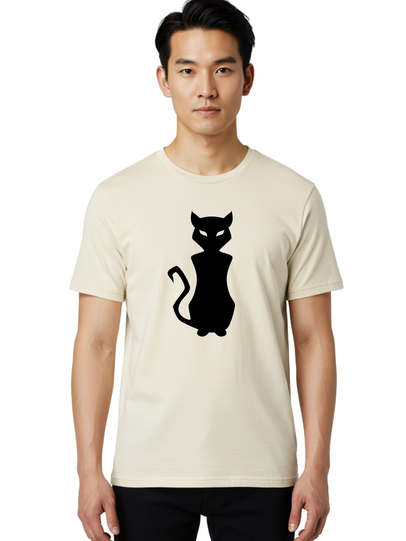 Cat-Silhouette Men'S Graphic Tee, 100% Cotton, Comfortable Casual Summer Wear, Machine Washable, Black Cat Silhouette, Glowy Eyes, Cat'S Paw On Face, Feline Figure, Mysterious Animal, Sleek Design, Glowing Green Eyes, Cat Shape Aab209