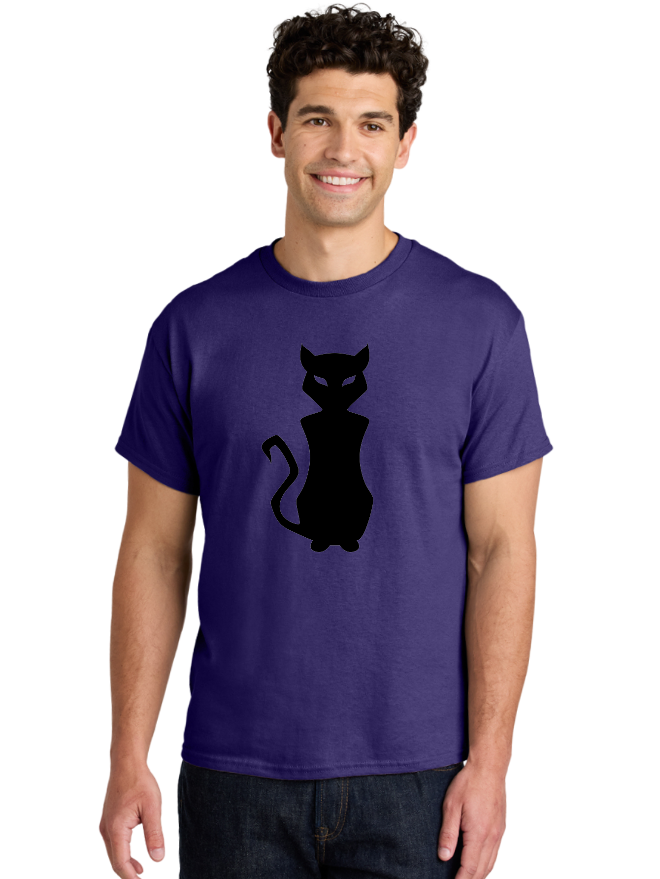 Cat-Silhouette Men'S Graphic Tee, 100% Cotton, Comfortable Casual Summer Wear, Machine Washable, Black Cat Silhouette, Glowy Eyes, Cat'S Paw On Face, Feline Figure, Mysterious Animal, Sleek Design, Glowing Green Eyes, Cat Shape Aab209