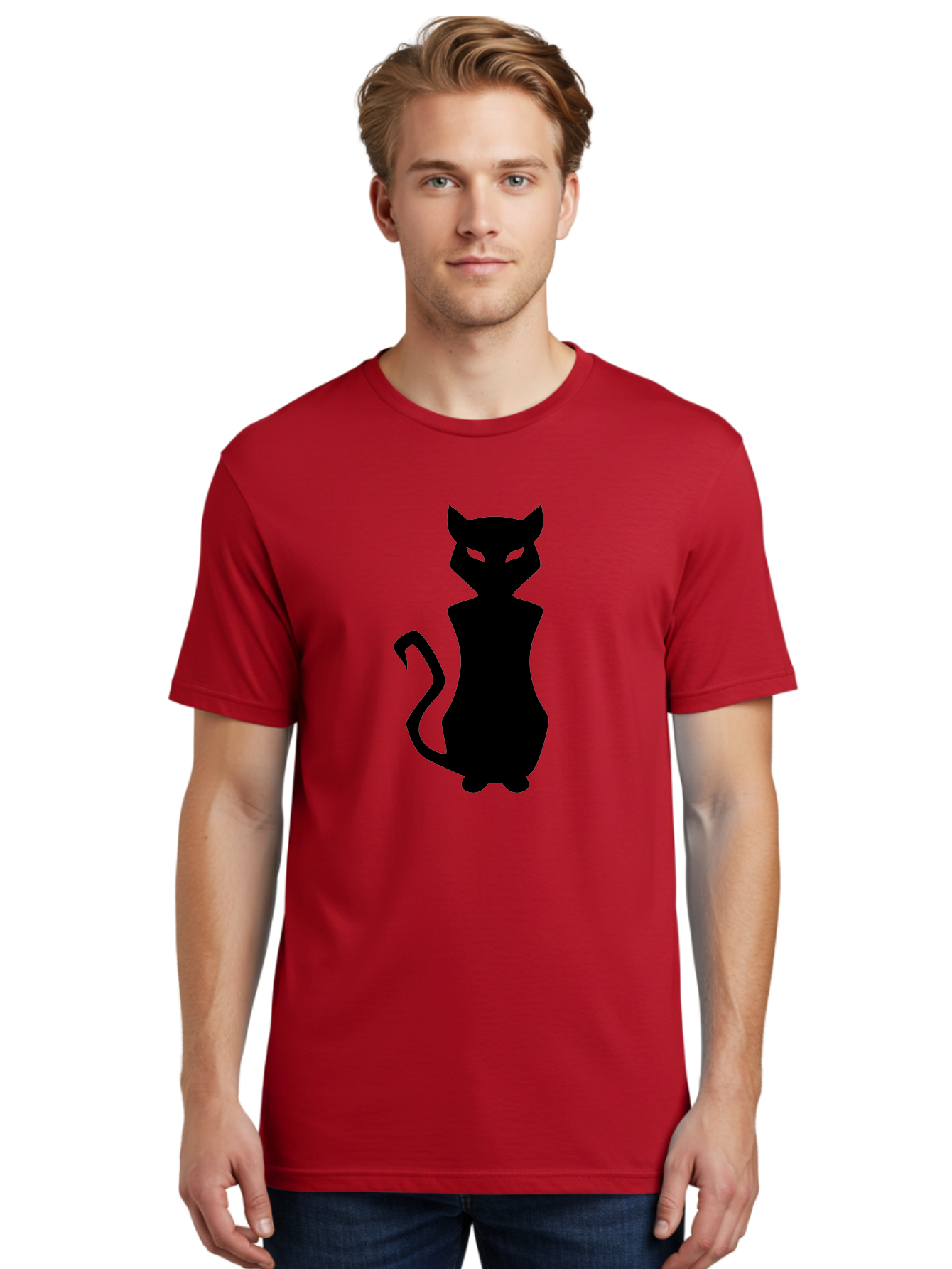 Cat-Silhouette Men'S Graphic Tee, 100% Cotton, Comfortable Casual Summer Wear, Machine Washable, Black Cat Silhouette, Glowy Eyes, Cat'S Paw On Face, Feline Figure, Mysterious Animal, Sleek Design, Glowing Green Eyes, Cat Shape Aab209