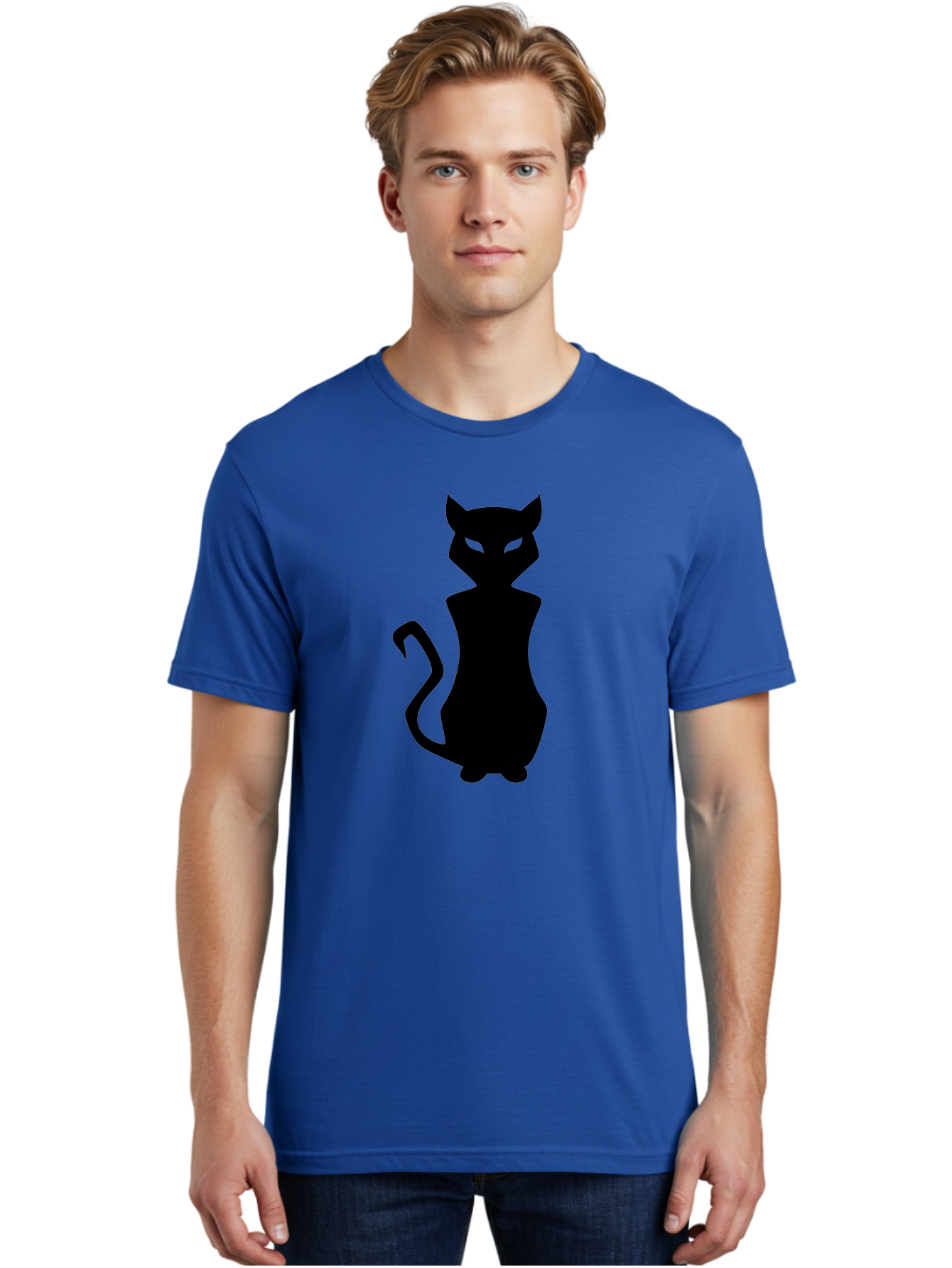 Cat-Silhouette Men'S Graphic Tee, 100% Cotton, Comfortable Casual Summer Wear, Machine Washable, Black Cat Silhouette, Glowy Eyes, Cat'S Paw On Face, Feline Figure, Mysterious Animal, Sleek Design, Glowing Green Eyes, Cat Shape Aab209