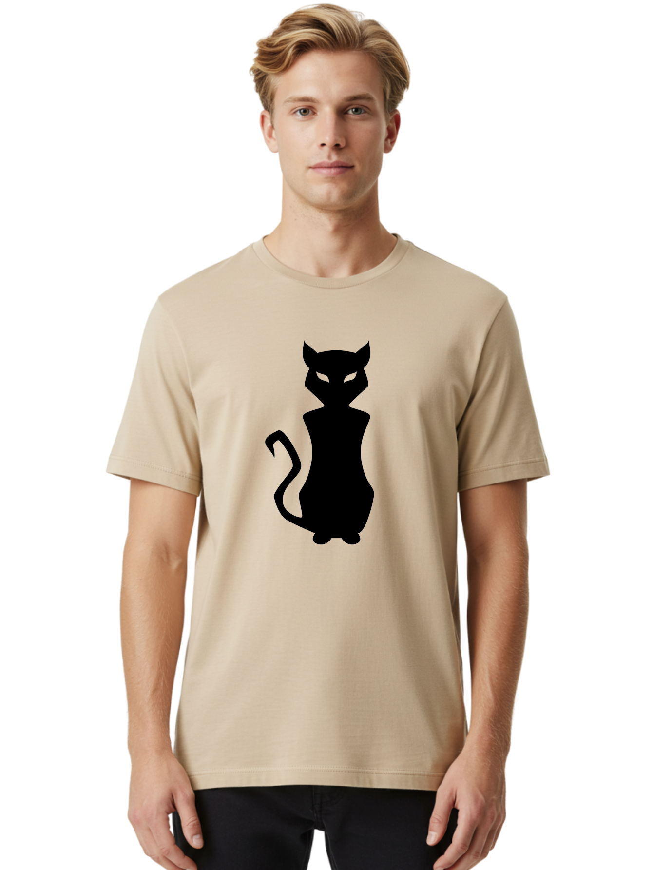 Cat-Silhouette Men'S Graphic Tee, 100% Cotton, Comfortable Casual Summer Wear, Machine Washable, Black Cat Silhouette, Glowy Eyes, Cat'S Paw On Face, Feline Figure, Mysterious Animal, Sleek Design, Glowing Green Eyes, Cat Shape Aab209