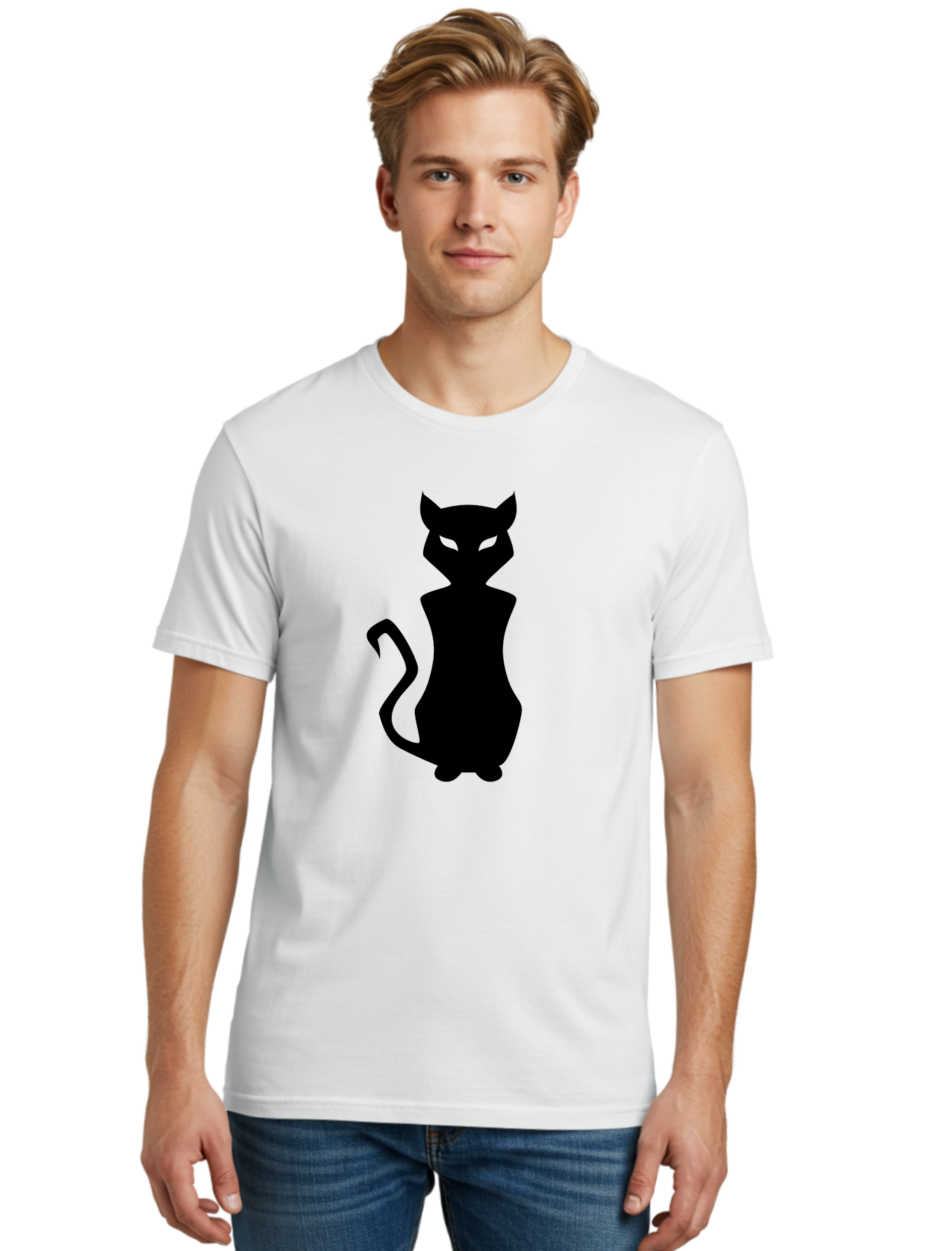 Cat-Silhouette Men'S Graphic Tee, 100% Cotton, Comfortable Casual Summer Wear, Machine Washable, Black Cat Silhouette, Glowy Eyes, Cat'S Paw On Face, Feline Figure, Mysterious Animal, Sleek Design, Glowing Green Eyes, Cat Shape Aab209