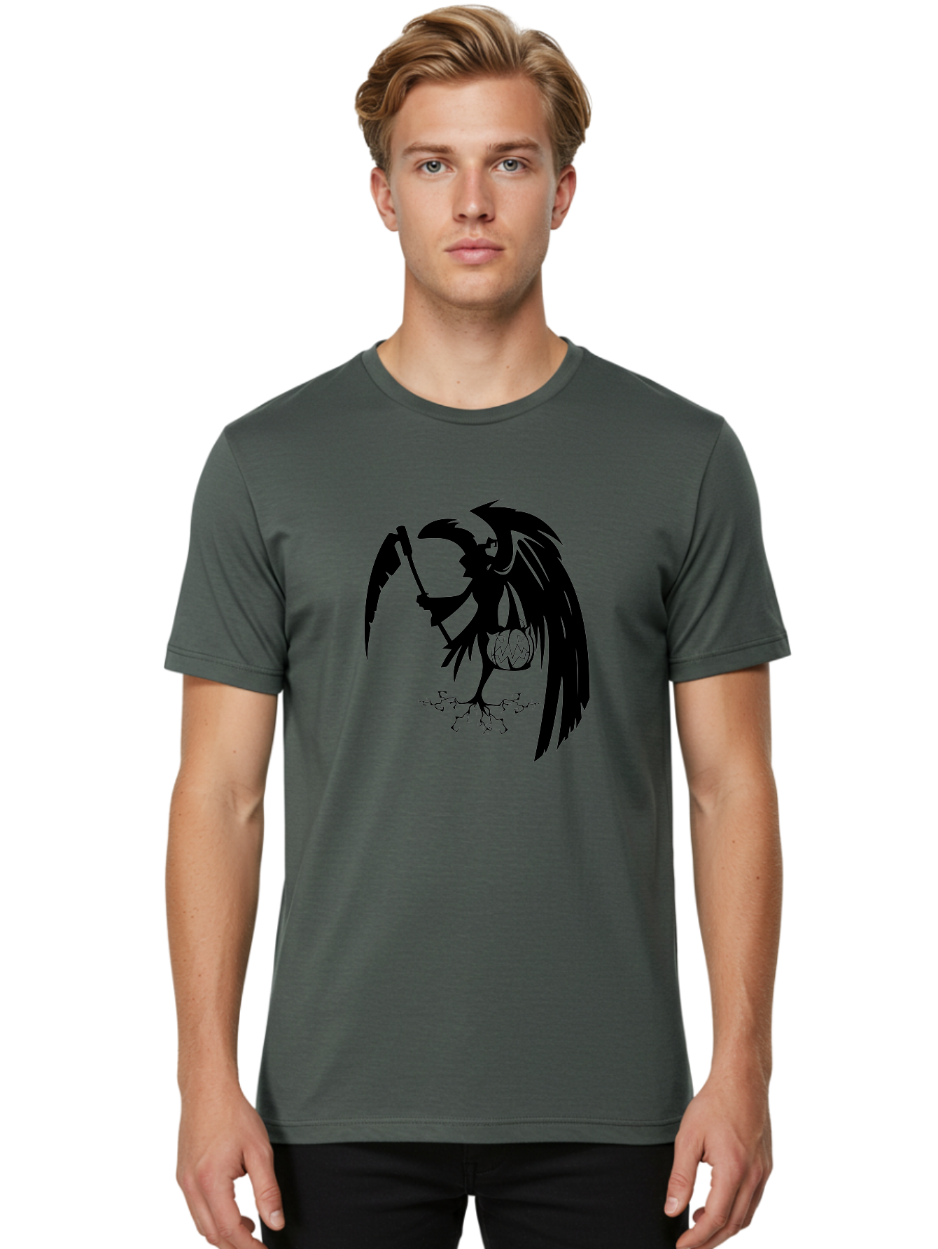 Crow-Grim-Reaper Men'S Graphic Tee, 100% Cotton, Comfortable Casual Summer Wear, Machine Washable, Bird With Scythe, Surreal Imagery, Abstract Art, Dark Symbolism, Mysterious Creature, Winged Figure, Eerie Atmosphere, Fantasy Illustration Aab210