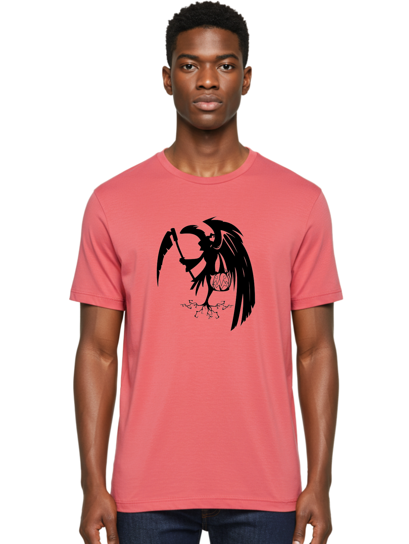 Crow-Grim-Reaper Men'S Graphic Tee, 100% Cotton, Comfortable Casual Summer Wear, Machine Washable, Bird With Scythe, Surreal Imagery, Abstract Art, Dark Symbolism, Mysterious Creature, Winged Figure, Eerie Atmosphere, Fantasy Illustration Aab210