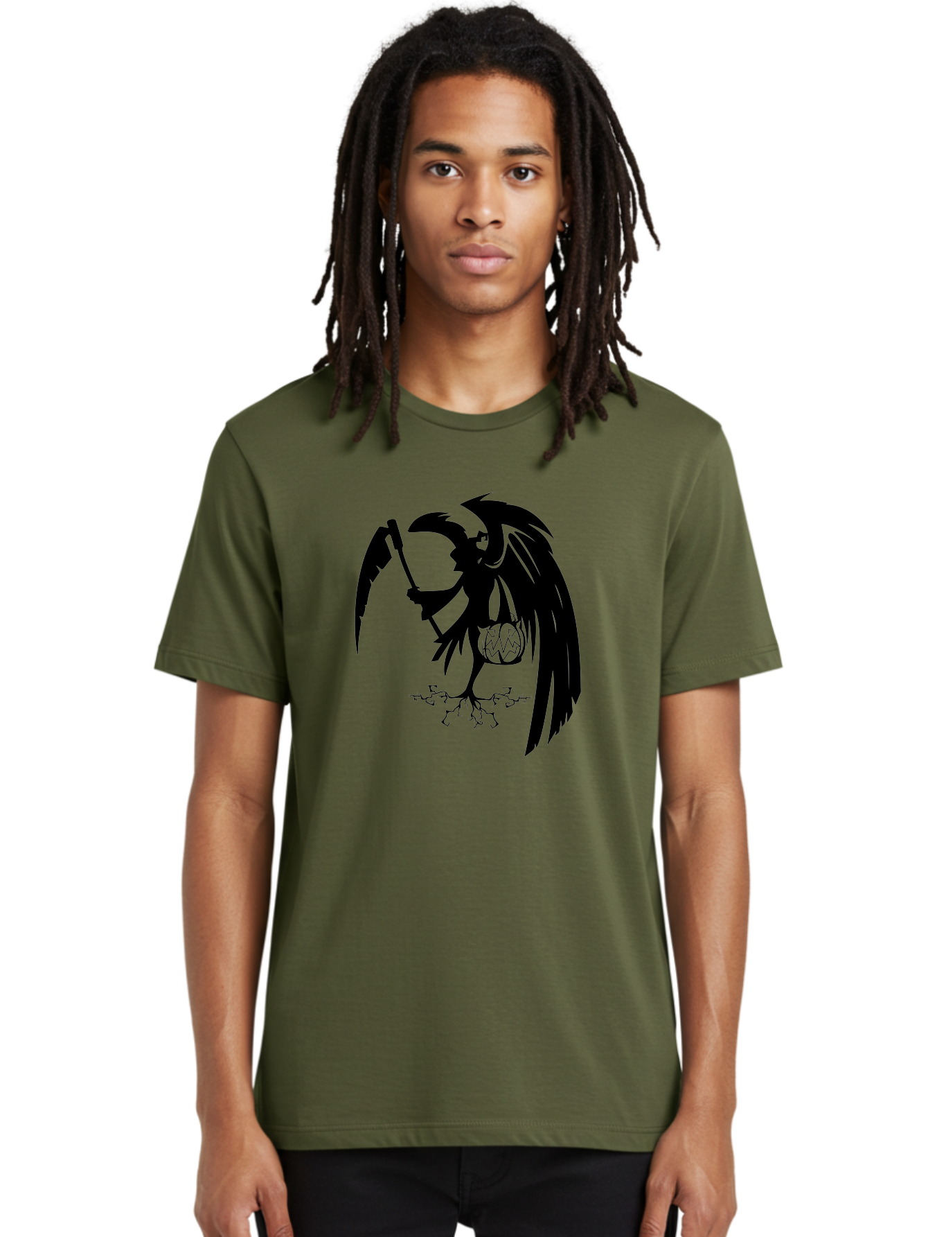 Crow-Grim-Reaper Men'S Graphic Tee, 100% Cotton, Comfortable Casual Summer Wear, Machine Washable, Bird With Scythe, Surreal Imagery, Abstract Art, Dark Symbolism, Mysterious Creature, Winged Figure, Eerie Atmosphere, Fantasy Illustration Aab210
