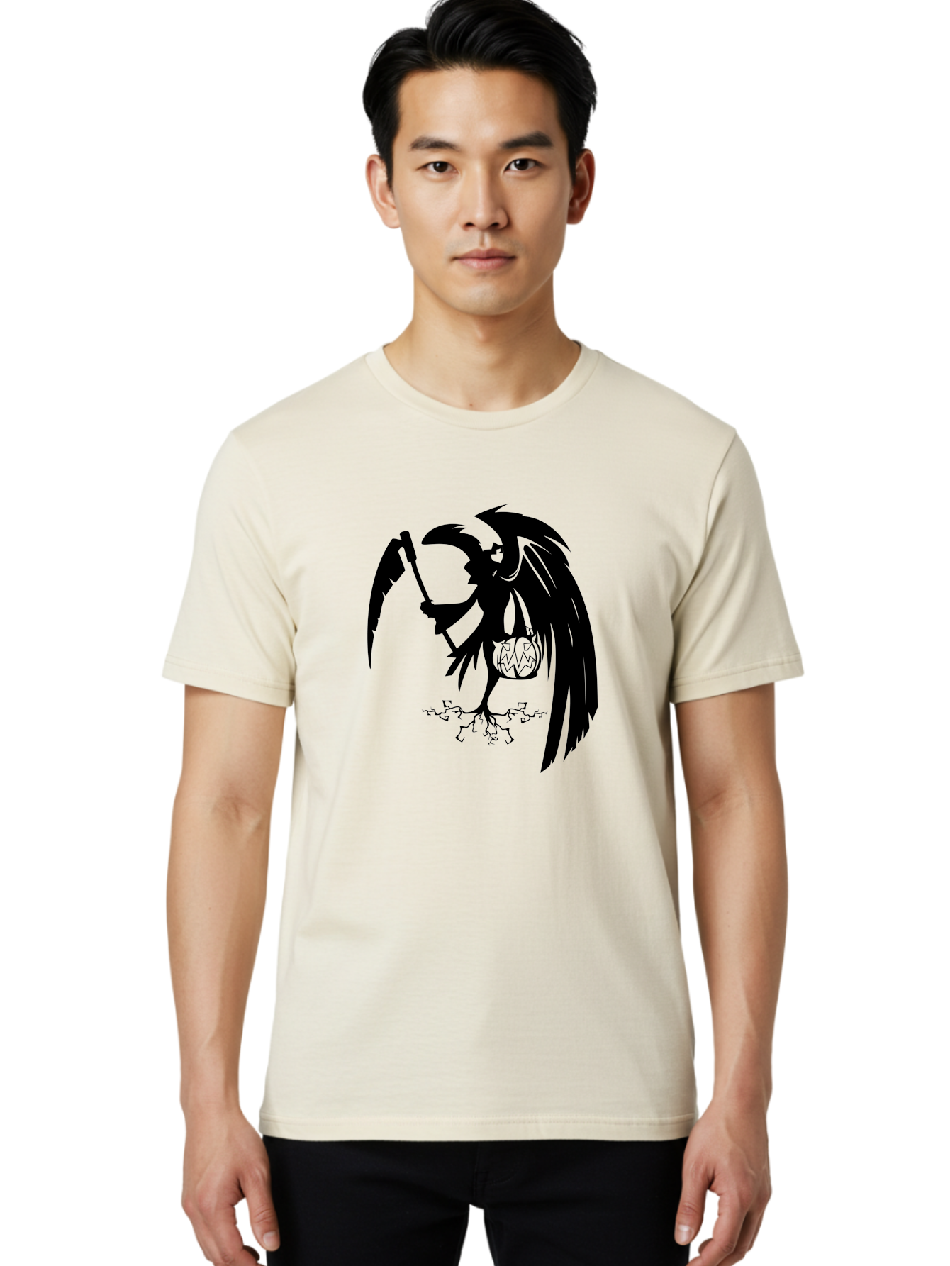 Crow-Grim-Reaper Men'S Graphic Tee, 100% Cotton, Comfortable Casual Summer Wear, Machine Washable, Bird With Scythe, Surreal Imagery, Abstract Art, Dark Symbolism, Mysterious Creature, Winged Figure, Eerie Atmosphere, Fantasy Illustration Aab210
