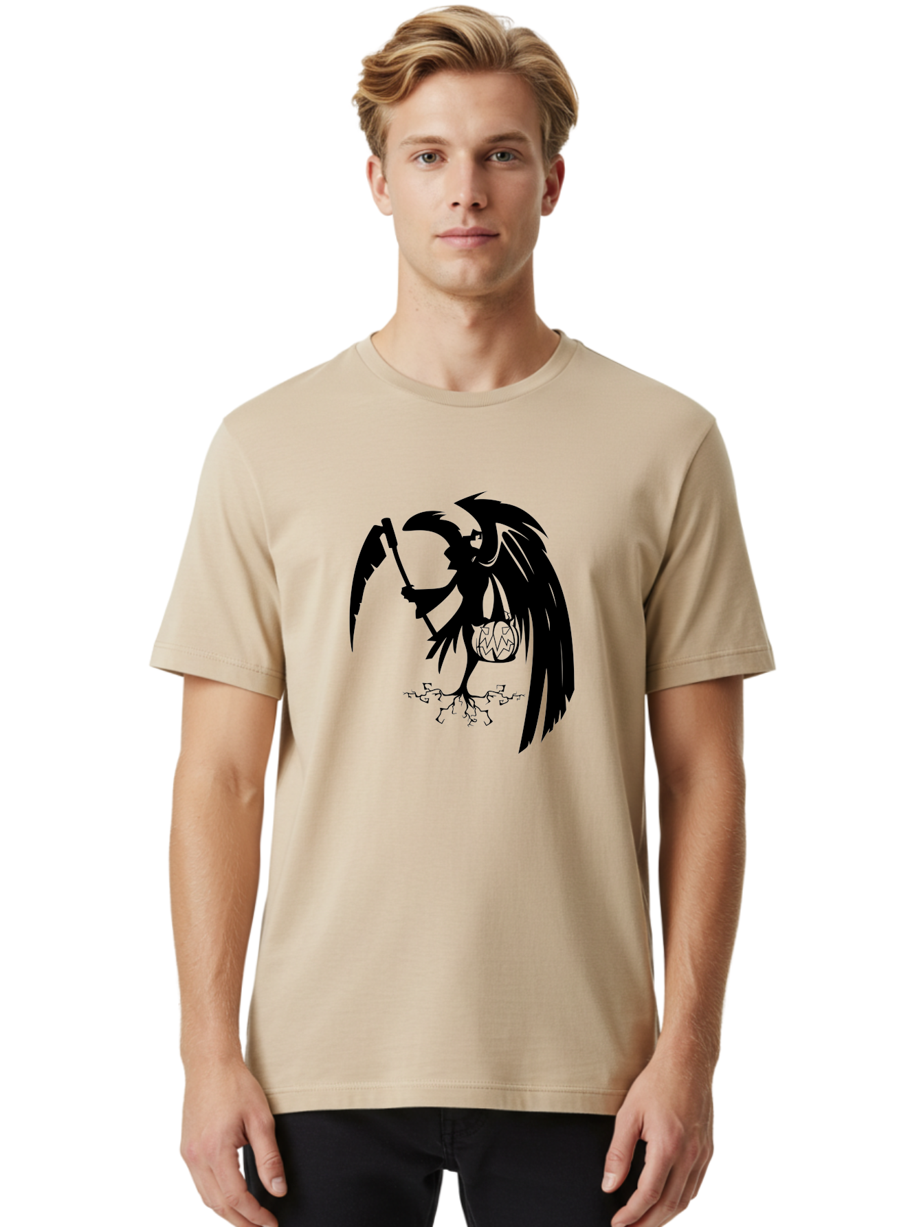 Crow-Grim-Reaper Men'S Graphic Tee, 100% Cotton, Comfortable Casual Summer Wear, Machine Washable, Bird With Scythe, Surreal Imagery, Abstract Art, Dark Symbolism, Mysterious Creature, Winged Figure, Eerie Atmosphere, Fantasy Illustration Aab210
