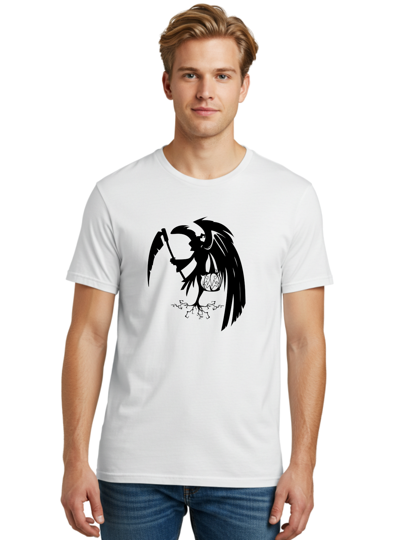 Crow-Grim-Reaper Men'S Graphic Tee, 100% Cotton, Comfortable Casual Summer Wear, Machine Washable, Bird With Scythe, Surreal Imagery, Abstract Art, Dark Symbolism, Mysterious Creature, Winged Figure, Eerie Atmosphere, Fantasy Illustration Aab210