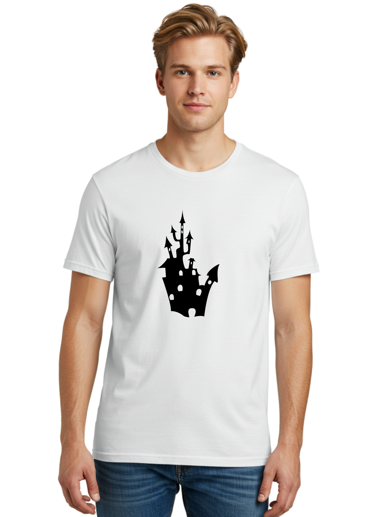 Crown-Castle Men'S Graphic Tee, 100% Cotton, Comfortable Casual Summer Wear, Machine Washable, Crown Shaped Castle, Medieval Architecture, Fantasy Design, Regal Crown, Mysterious Silhouette, Eerie Atmosphere, Dark Fantasy, Gothic Style Aab211