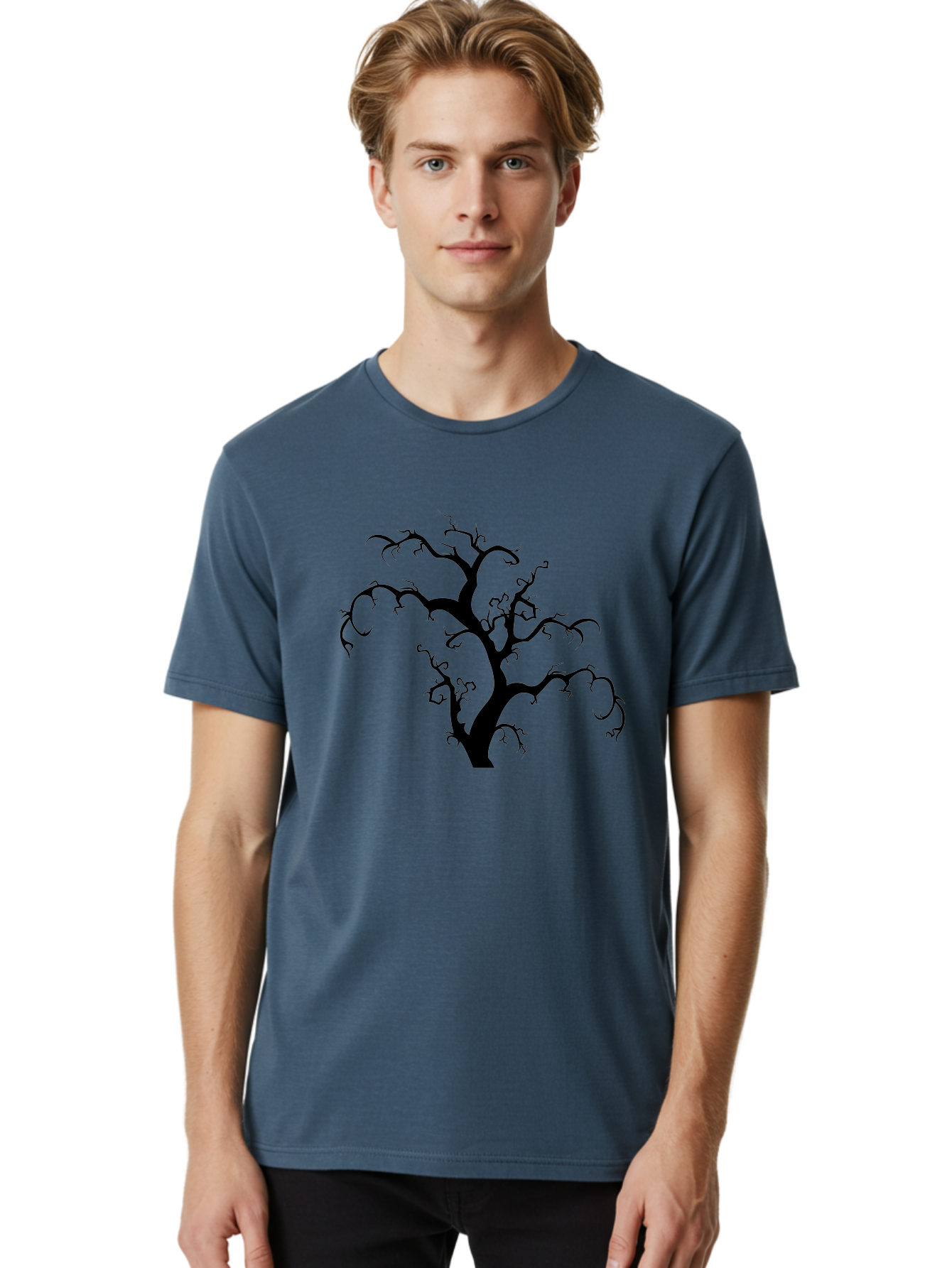 Dead-Tree-Silhouette Men'S Graphic Tee, 100% Cotton, Comfortable Casual Summer Wear, Machine Washable, Dead Tree Silhouette, Barren Branches, Spooky Atmosphere, Gothic Art, Mysterious, Haunting, Twisted, Eerie Aab213