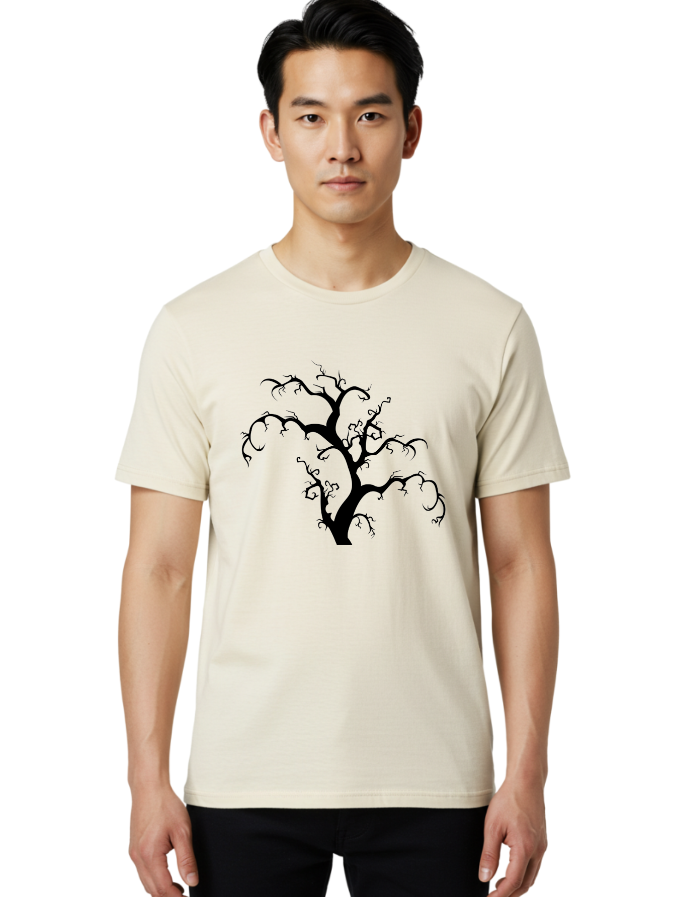 Dead-Tree-Silhouette Men'S Graphic Tee, 100% Cotton, Comfortable Casual Summer Wear, Machine Washable, Dead Tree Silhouette, Barren Branches, Spooky Atmosphere, Gothic Art, Mysterious, Haunting, Twisted, Eerie Aab213