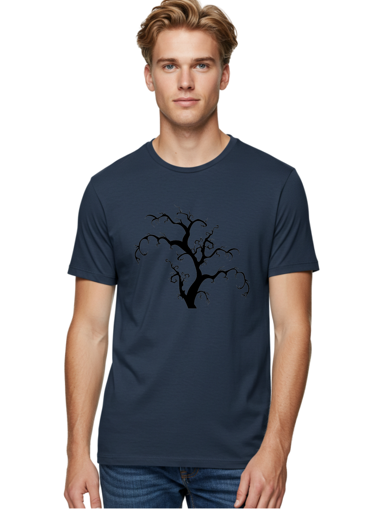 Dead-Tree-Silhouette Men'S Graphic Tee, 100% Cotton, Comfortable Casual Summer Wear, Machine Washable, Dead Tree Silhouette, Barren Branches, Spooky Atmosphere, Gothic Art, Mysterious, Haunting, Twisted, Eerie Aab213