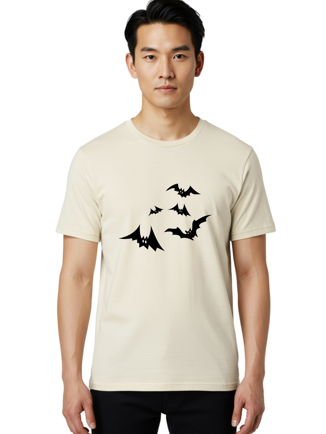 Flying-Bats Men'S Graphic Tee, 100% Cotton, Comfortable Casual Summer Wear, Machine Washable, Black Bats, Flying Bats, Halloween Symbols, Spooky Creatures, Gothic Decorations, Eerie Silhouettes, Dark Magic, Halloween Decorations Aab216