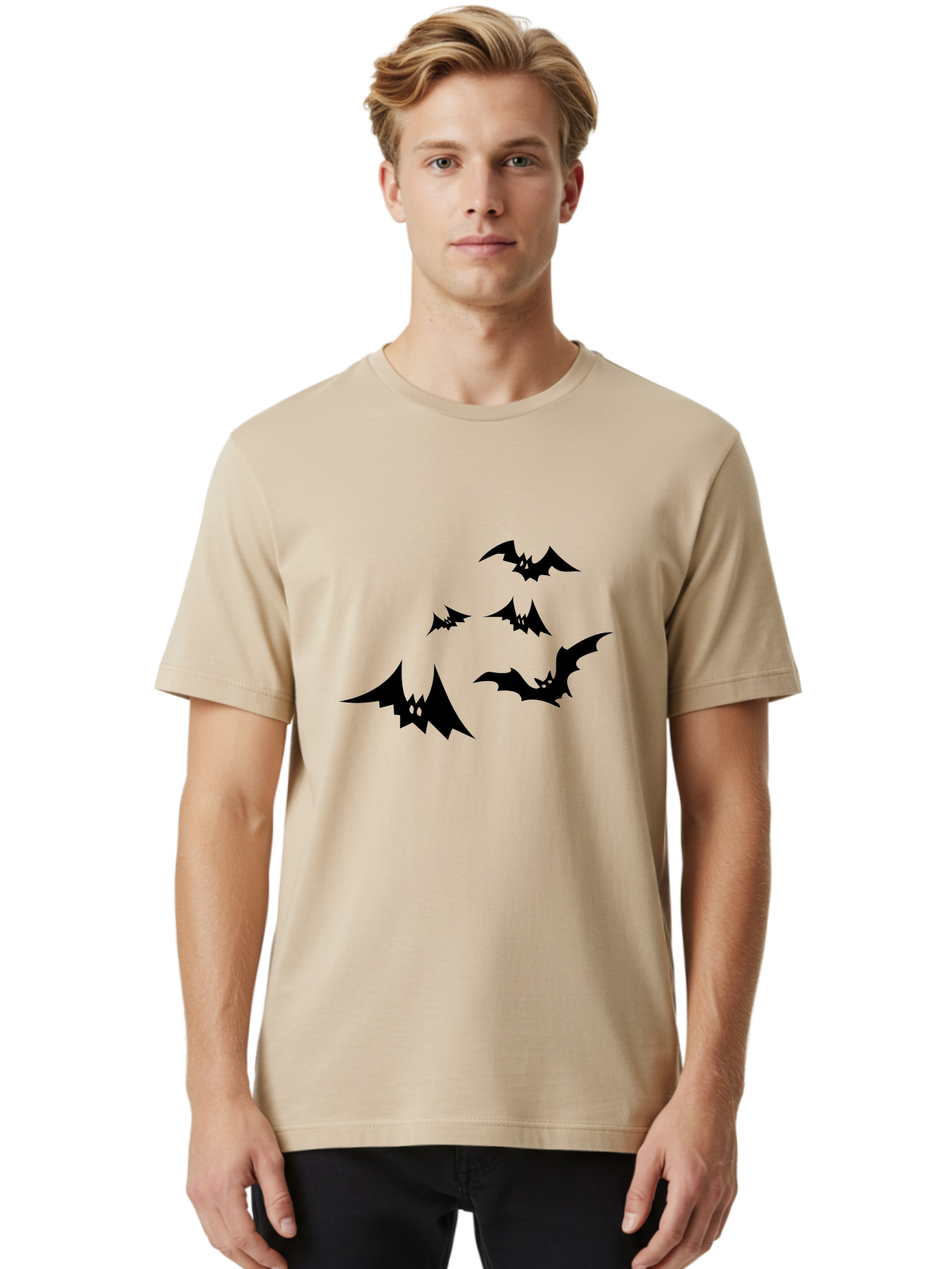 Flying-Bats Men'S Graphic Tee, 100% Cotton, Comfortable Casual Summer Wear, Machine Washable, Black Bats, Flying Bats, Halloween Symbols, Spooky Creatures, Gothic Decorations, Eerie Silhouettes, Dark Magic, Halloween Decorations Aab216