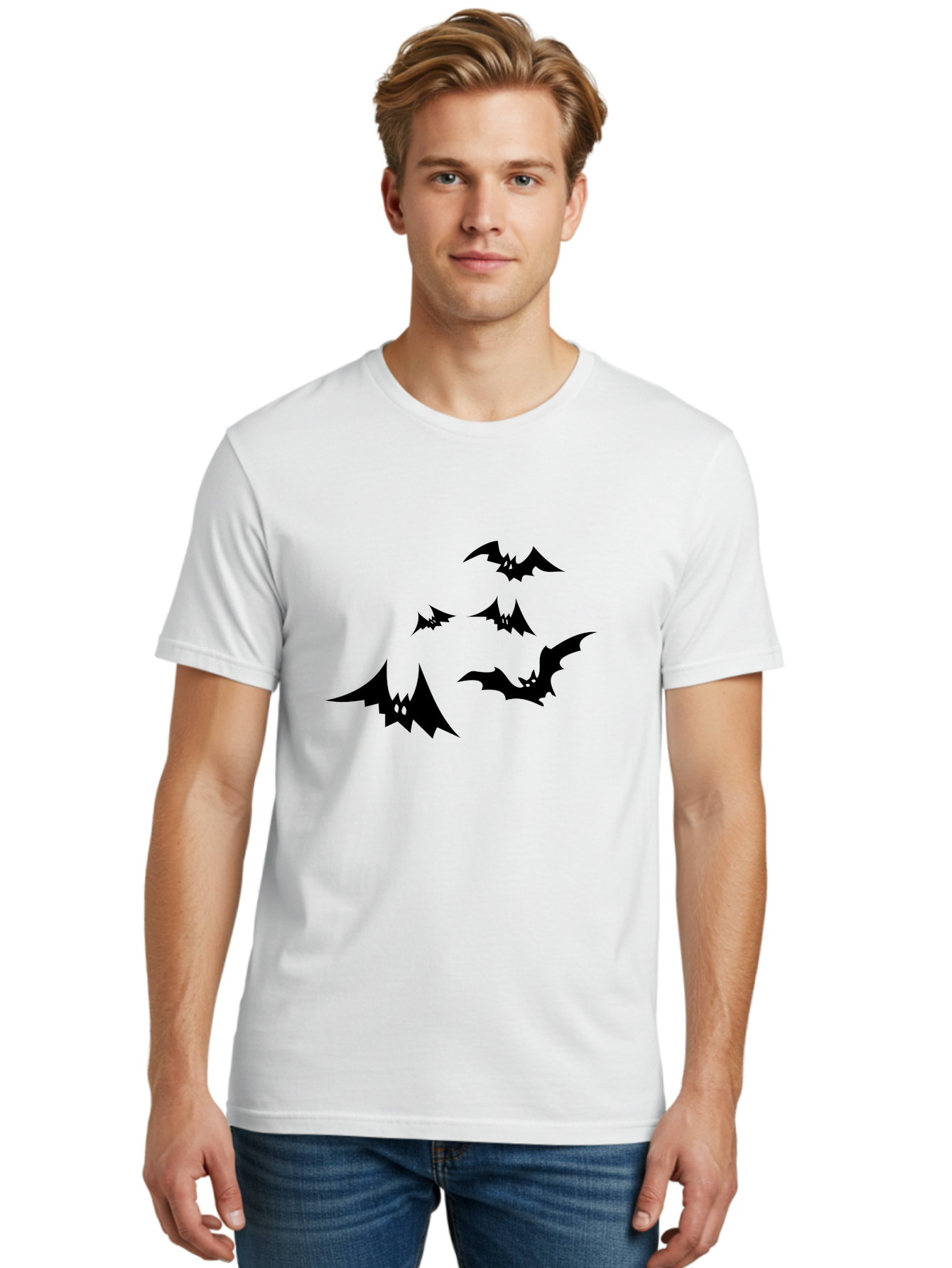Flying-Bats Men'S Graphic Tee, 100% Cotton, Comfortable Casual Summer Wear, Machine Washable, Black Bats, Flying Bats, Halloween Symbols, Spooky Creatures, Gothic Decorations, Eerie Silhouettes, Dark Magic, Halloween Decorations Aab216
