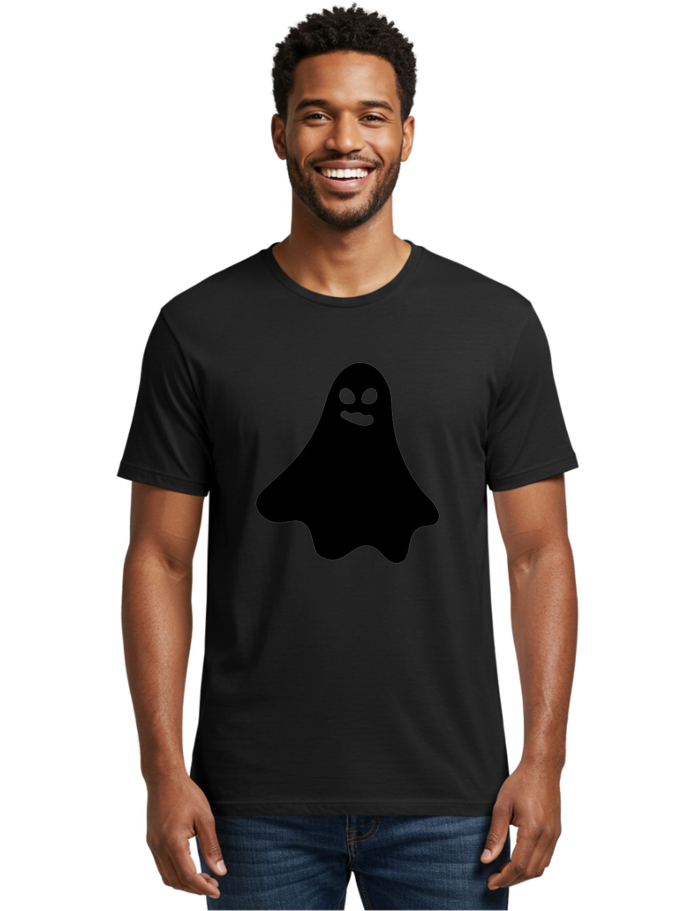 Ghost-1 Men'S Graphic Tee, 100% Cotton, Comfortable Casual Summer Wear, Machine Washable, Cartoon Ghost, Black Silhouette, Green Eyes, Smiling Face, Spooky Character, Halloween Icon, Cute Monster, Supernatural Being, Funny Ghost Aab217