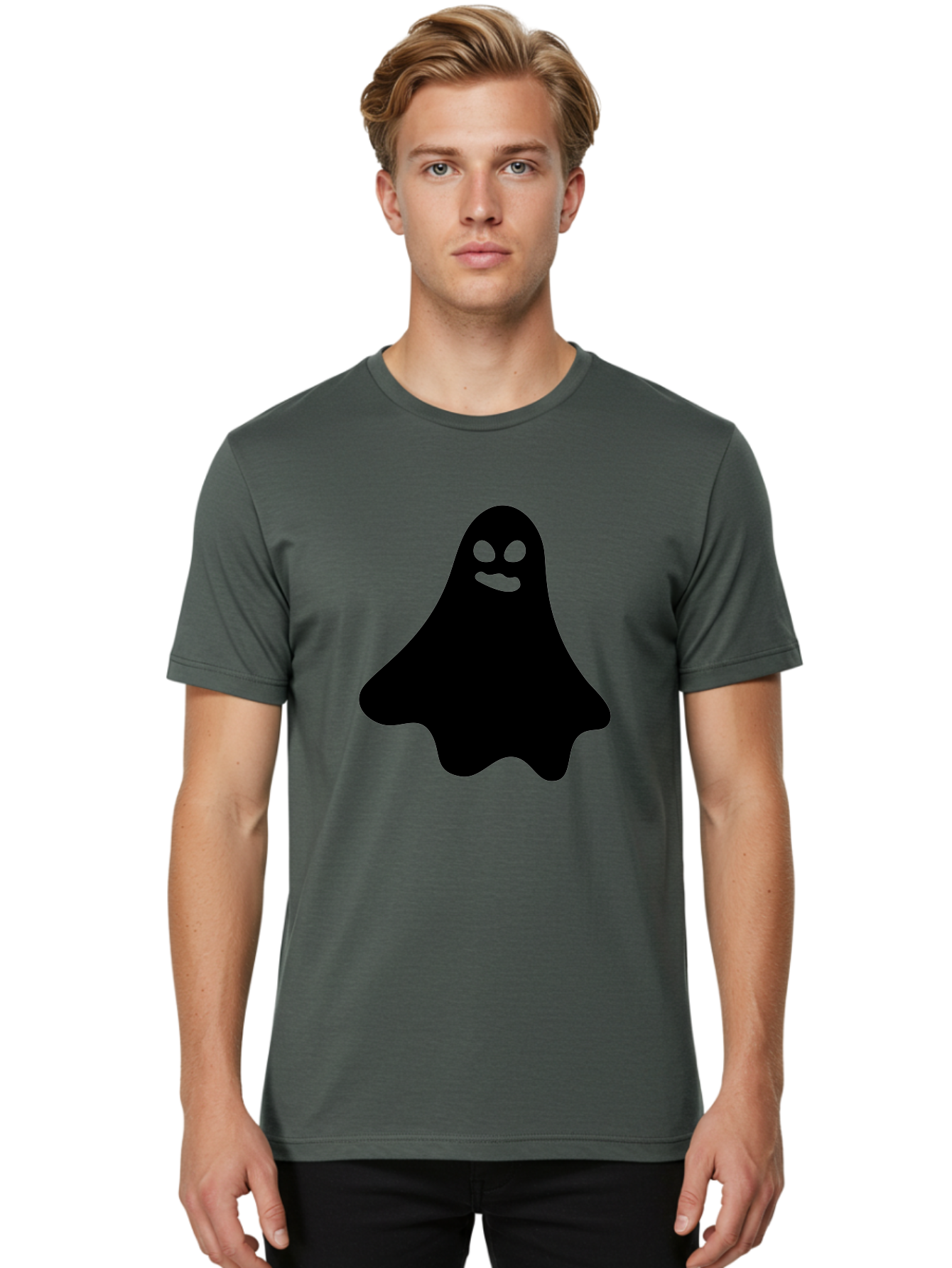 Ghost-1 Men'S Graphic Tee, 100% Cotton, Comfortable Casual Summer Wear, Machine Washable, Cartoon Ghost, Black Silhouette, Green Eyes, Smiling Face, Spooky Character, Halloween Icon, Cute Monster, Supernatural Being, Funny Ghost Aab217