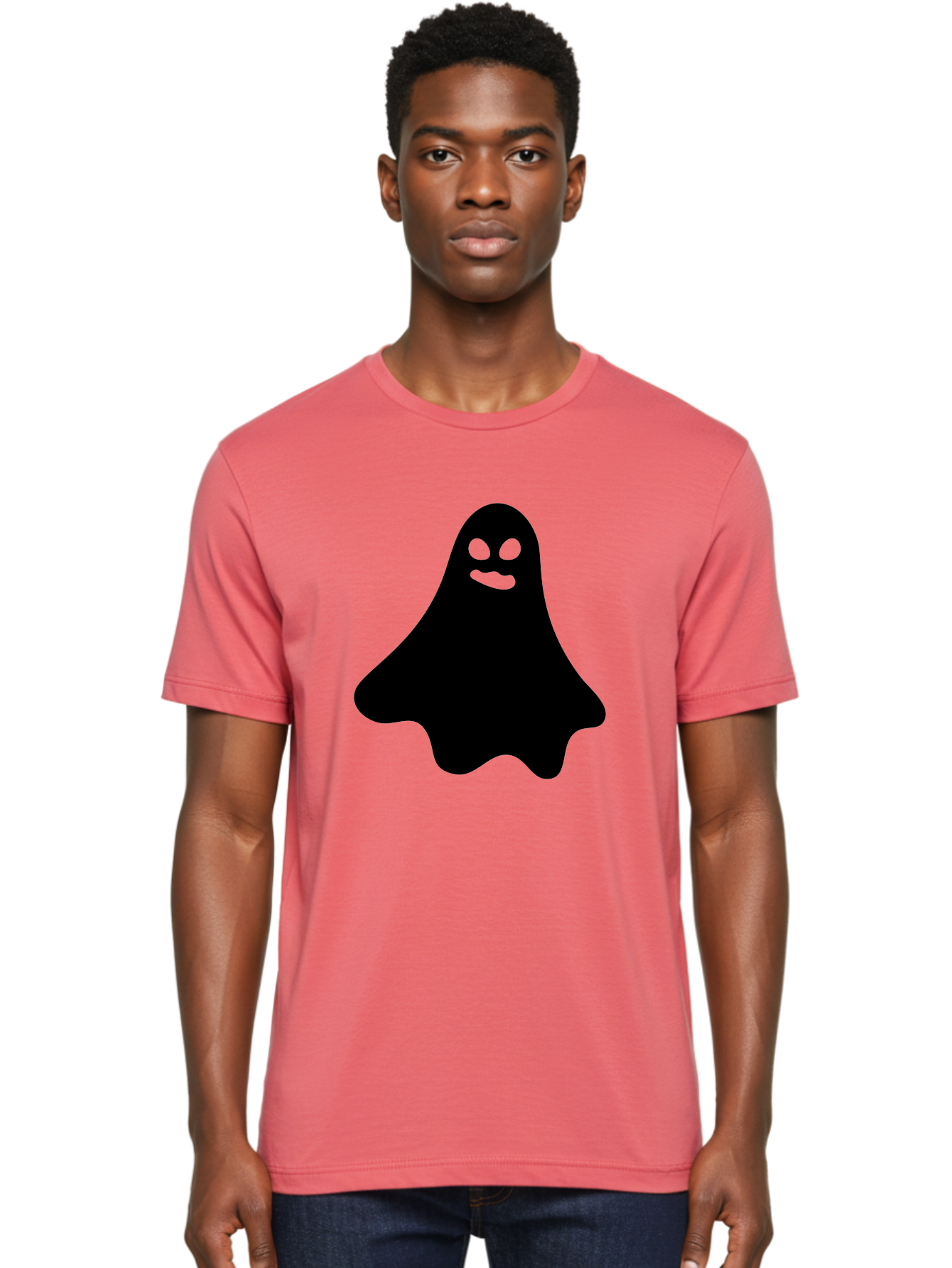 Ghost-1 Men'S Graphic Tee, 100% Cotton, Comfortable Casual Summer Wear, Machine Washable, Cartoon Ghost, Black Silhouette, Green Eyes, Smiling Face, Spooky Character, Halloween Icon, Cute Monster, Supernatural Being, Funny Ghost Aab217