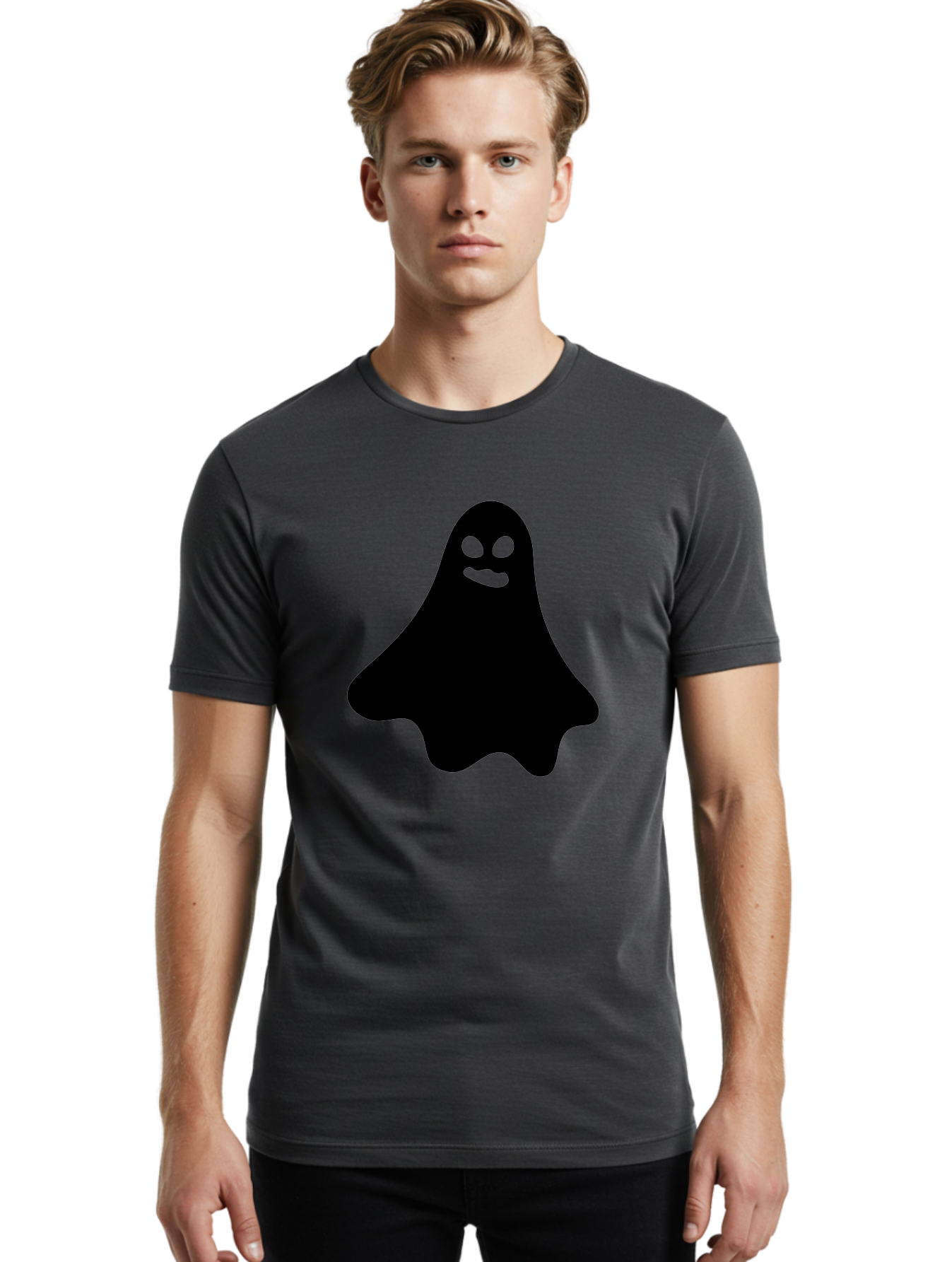 Ghost-1 Men'S Graphic Tee, 100% Cotton, Comfortable Casual Summer Wear, Machine Washable, Cartoon Ghost, Black Silhouette, Green Eyes, Smiling Face, Spooky Character, Halloween Icon, Cute Monster, Supernatural Being, Funny Ghost Aab217