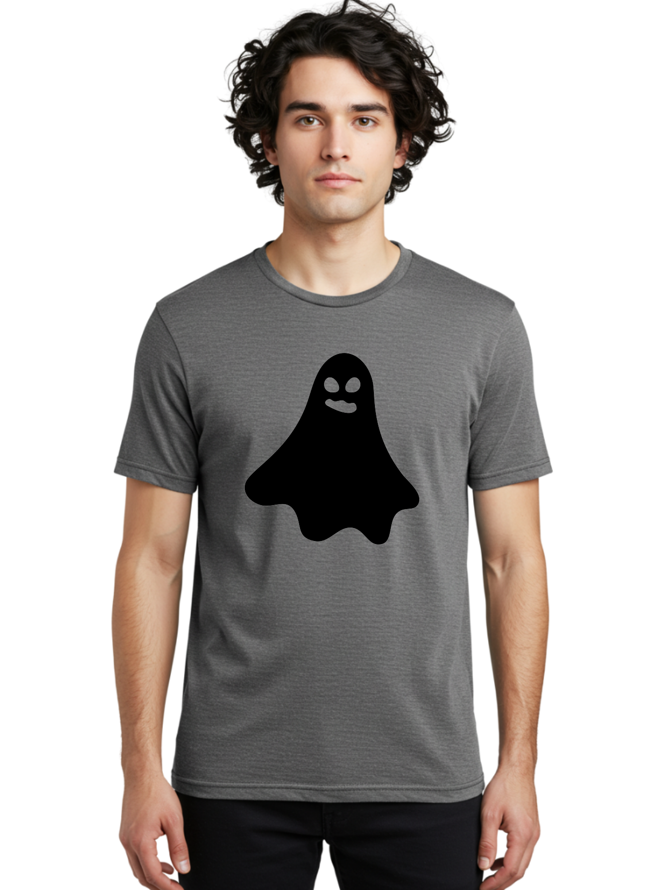 Ghost-1 Men'S Graphic Tee, 100% Cotton, Comfortable Casual Summer Wear, Machine Washable, Cartoon Ghost, Black Silhouette, Green Eyes, Smiling Face, Spooky Character, Halloween Icon, Cute Monster, Supernatural Being, Funny Ghost Aab217