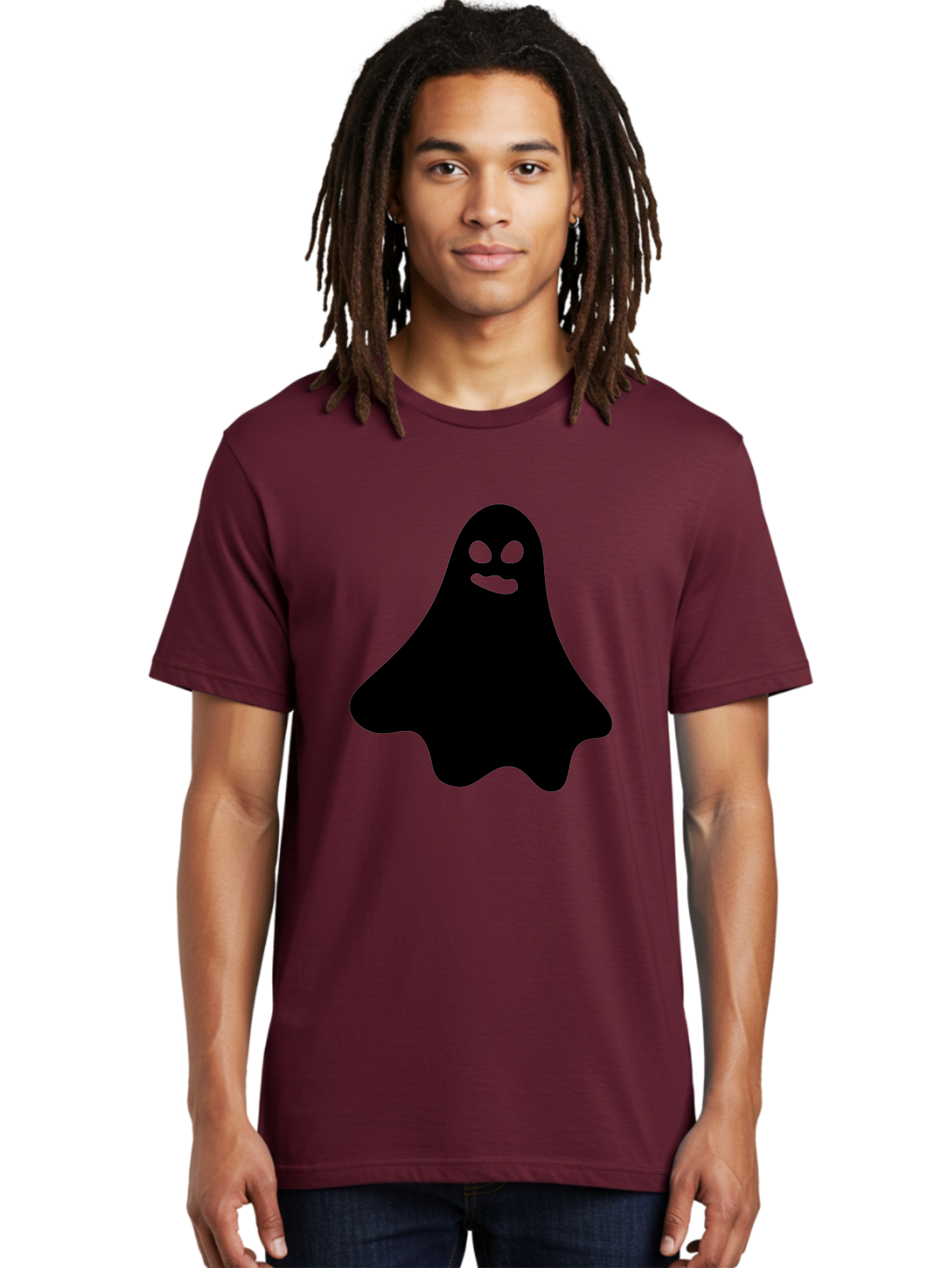 Ghost-1 Men'S Graphic Tee, 100% Cotton, Comfortable Casual Summer Wear, Machine Washable, Cartoon Ghost, Black Silhouette, Green Eyes, Smiling Face, Spooky Character, Halloween Icon, Cute Monster, Supernatural Being, Funny Ghost Aab217