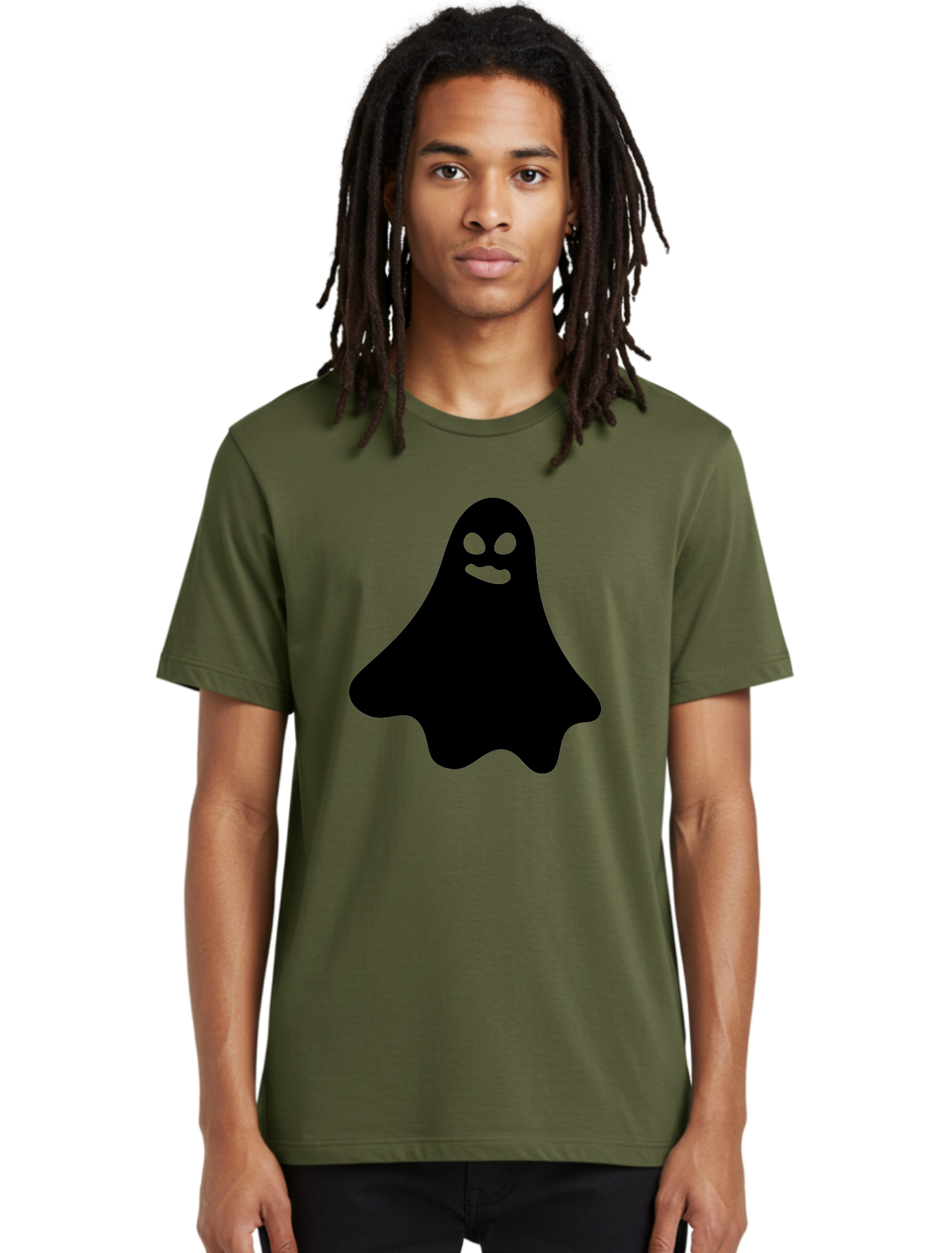 Ghost-1 Men'S Graphic Tee, 100% Cotton, Comfortable Casual Summer Wear, Machine Washable, Cartoon Ghost, Black Silhouette, Green Eyes, Smiling Face, Spooky Character, Halloween Icon, Cute Monster, Supernatural Being, Funny Ghost Aab217