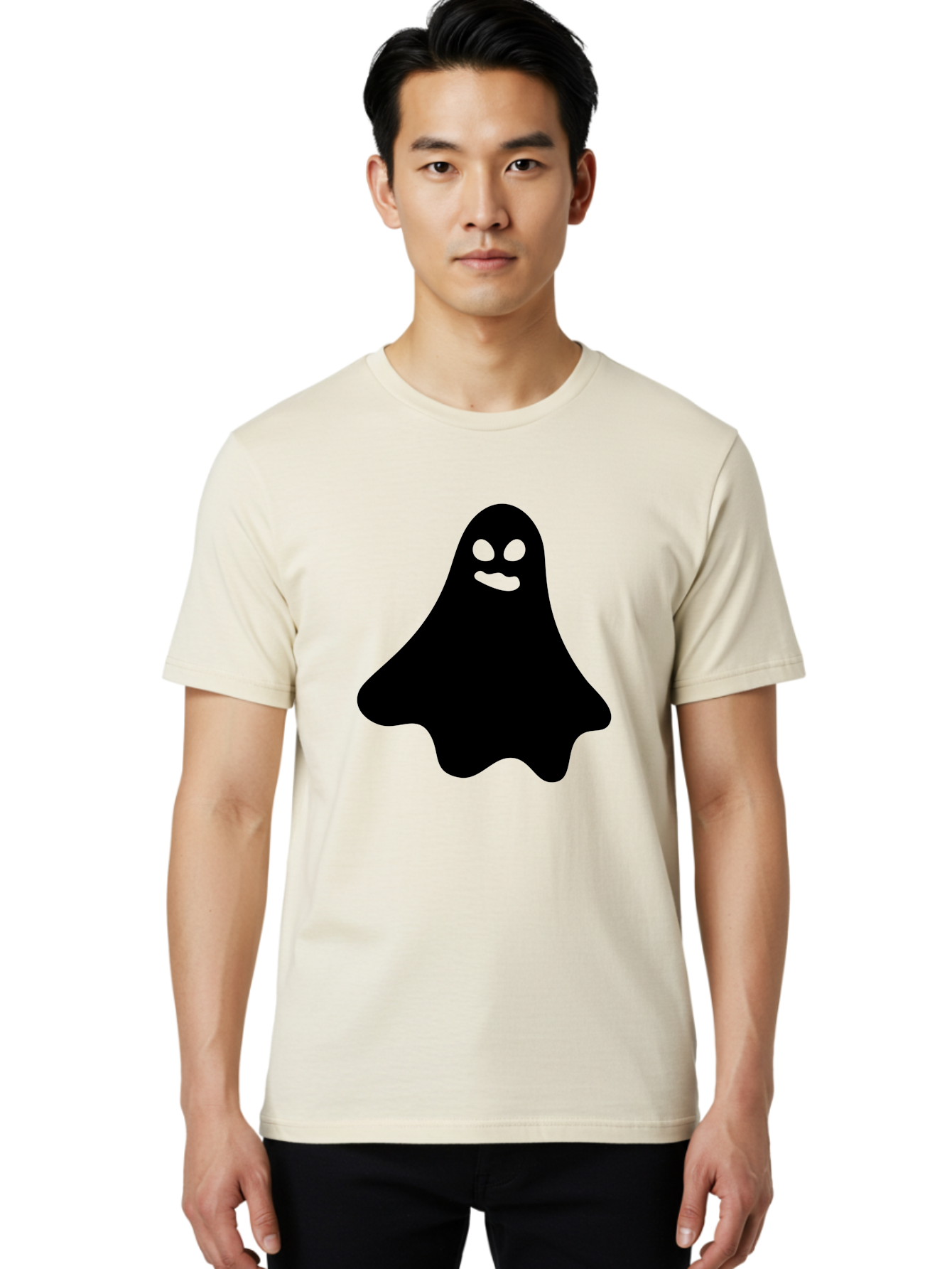 Ghost-1 Men'S Graphic Tee, 100% Cotton, Comfortable Casual Summer Wear, Machine Washable, Cartoon Ghost, Black Silhouette, Green Eyes, Smiling Face, Spooky Character, Halloween Icon, Cute Monster, Supernatural Being, Funny Ghost Aab217