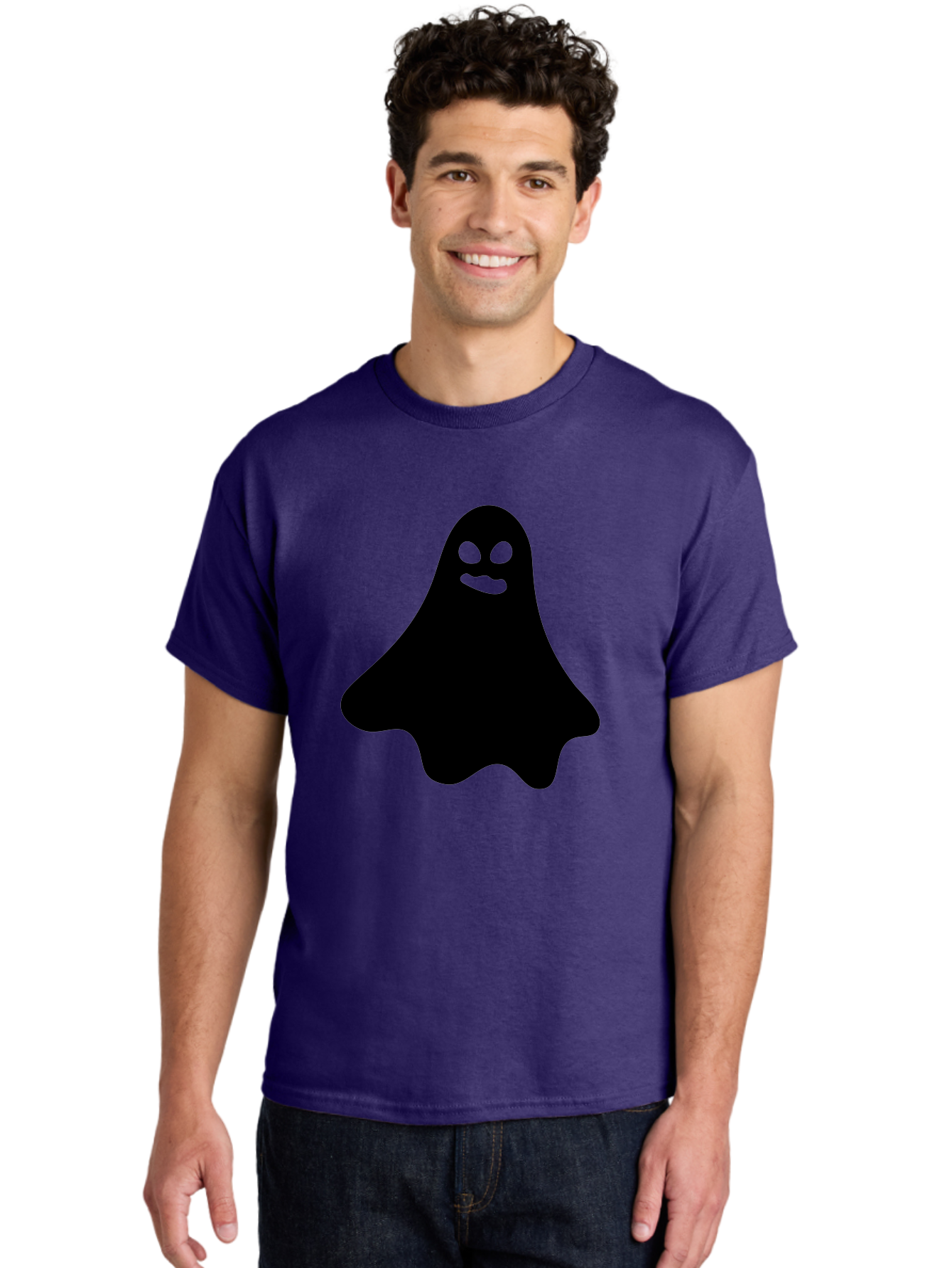 Ghost-1 Men'S Graphic Tee, 100% Cotton, Comfortable Casual Summer Wear, Machine Washable, Cartoon Ghost, Black Silhouette, Green Eyes, Smiling Face, Spooky Character, Halloween Icon, Cute Monster, Supernatural Being, Funny Ghost Aab217