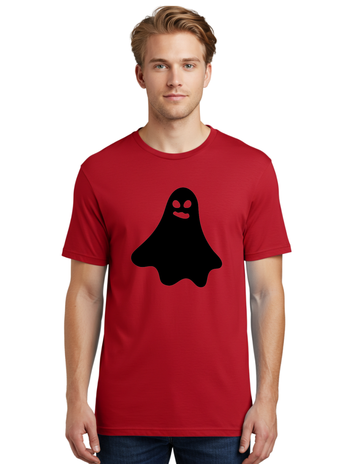 Ghost-1 Men'S Graphic Tee, 100% Cotton, Comfortable Casual Summer Wear, Machine Washable, Cartoon Ghost, Black Silhouette, Green Eyes, Smiling Face, Spooky Character, Halloween Icon, Cute Monster, Supernatural Being, Funny Ghost Aab217