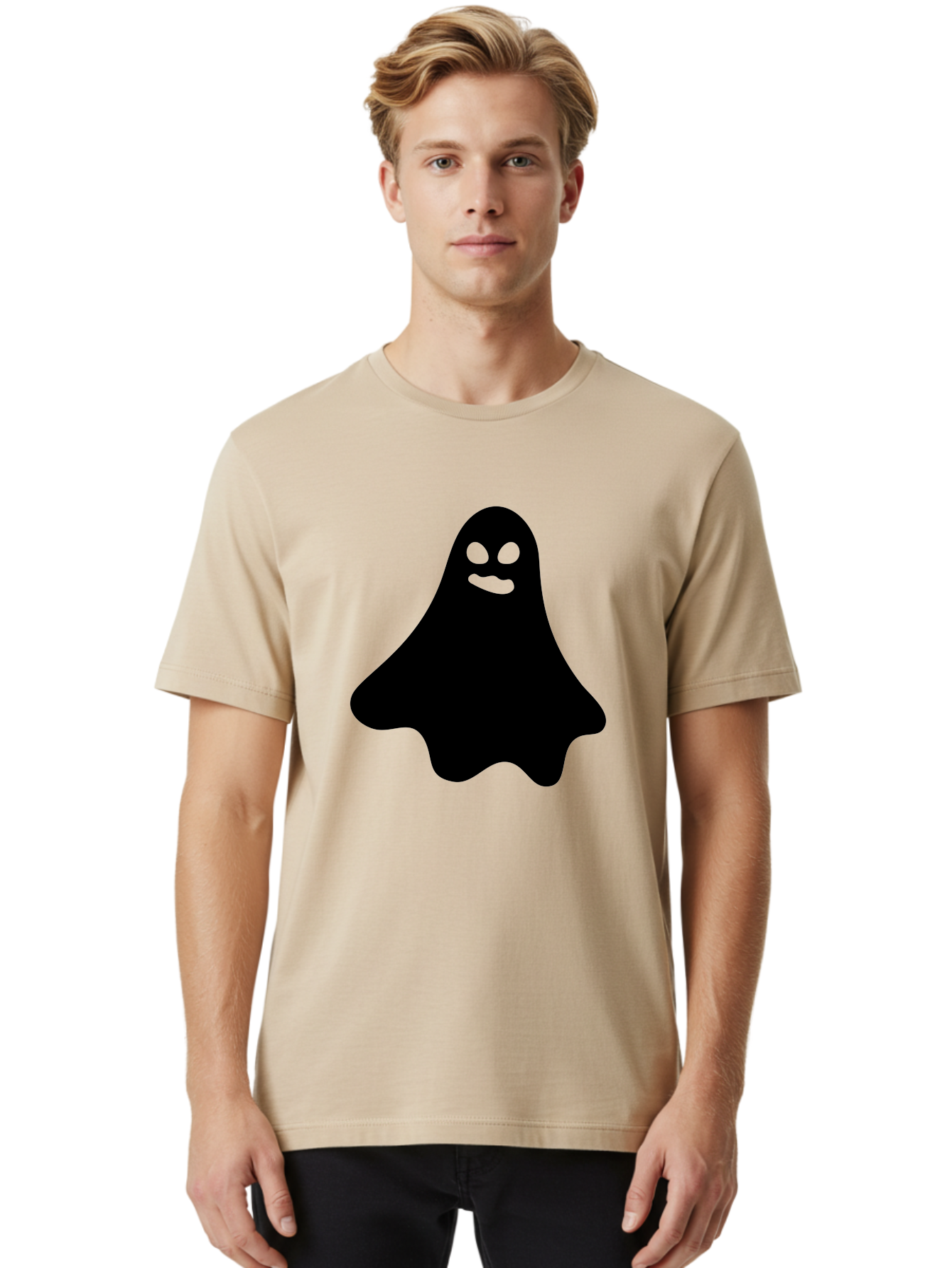 Ghost-1 Men'S Graphic Tee, 100% Cotton, Comfortable Casual Summer Wear, Machine Washable, Cartoon Ghost, Black Silhouette, Green Eyes, Smiling Face, Spooky Character, Halloween Icon, Cute Monster, Supernatural Being, Funny Ghost Aab217