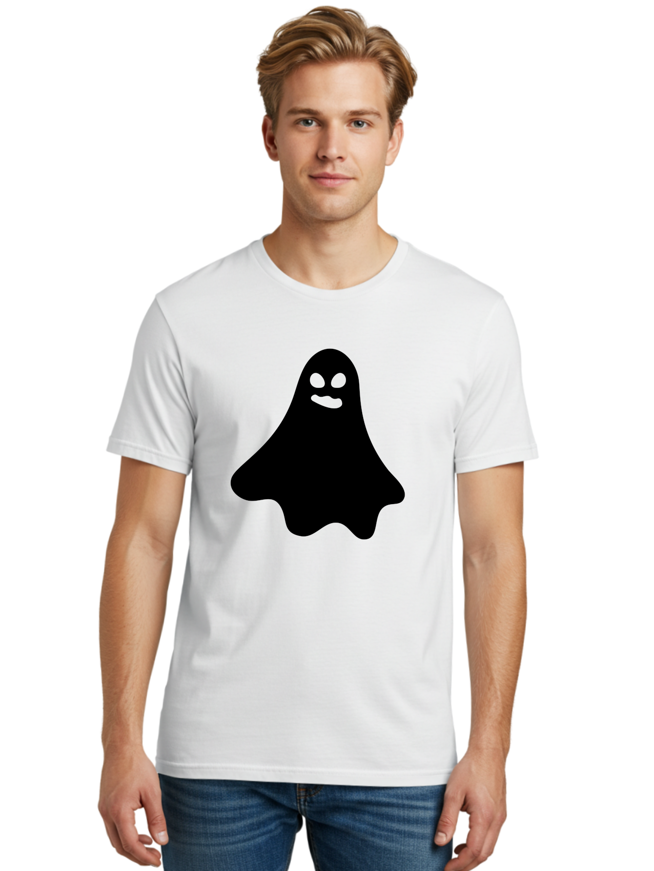 Ghost-1 Men'S Graphic Tee, 100% Cotton, Comfortable Casual Summer Wear, Machine Washable, Cartoon Ghost, Black Silhouette, Green Eyes, Smiling Face, Spooky Character, Halloween Icon, Cute Monster, Supernatural Being, Funny Ghost Aab217