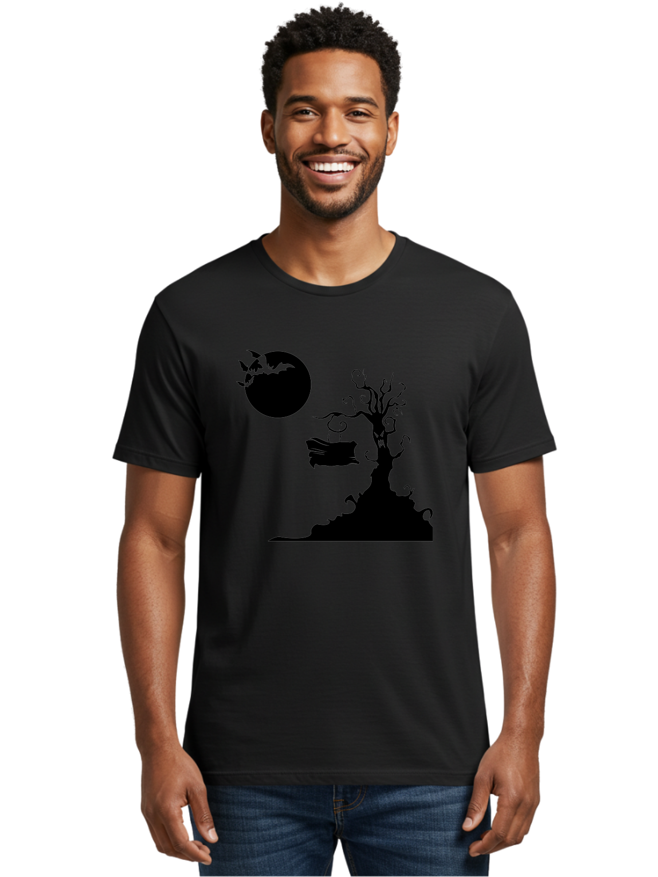 Halloween-Tree Men'S Graphic Tee, 100% Cotton, Comfortable Casual Summer Wear, Machine Washable, Halloween Scene, Spooky Atmosphere, Flying Bats, Haunted Tree, Swing, Full Moon, Dark Silhouette, Autumn Leaves, Halloween Decorations, Aab219