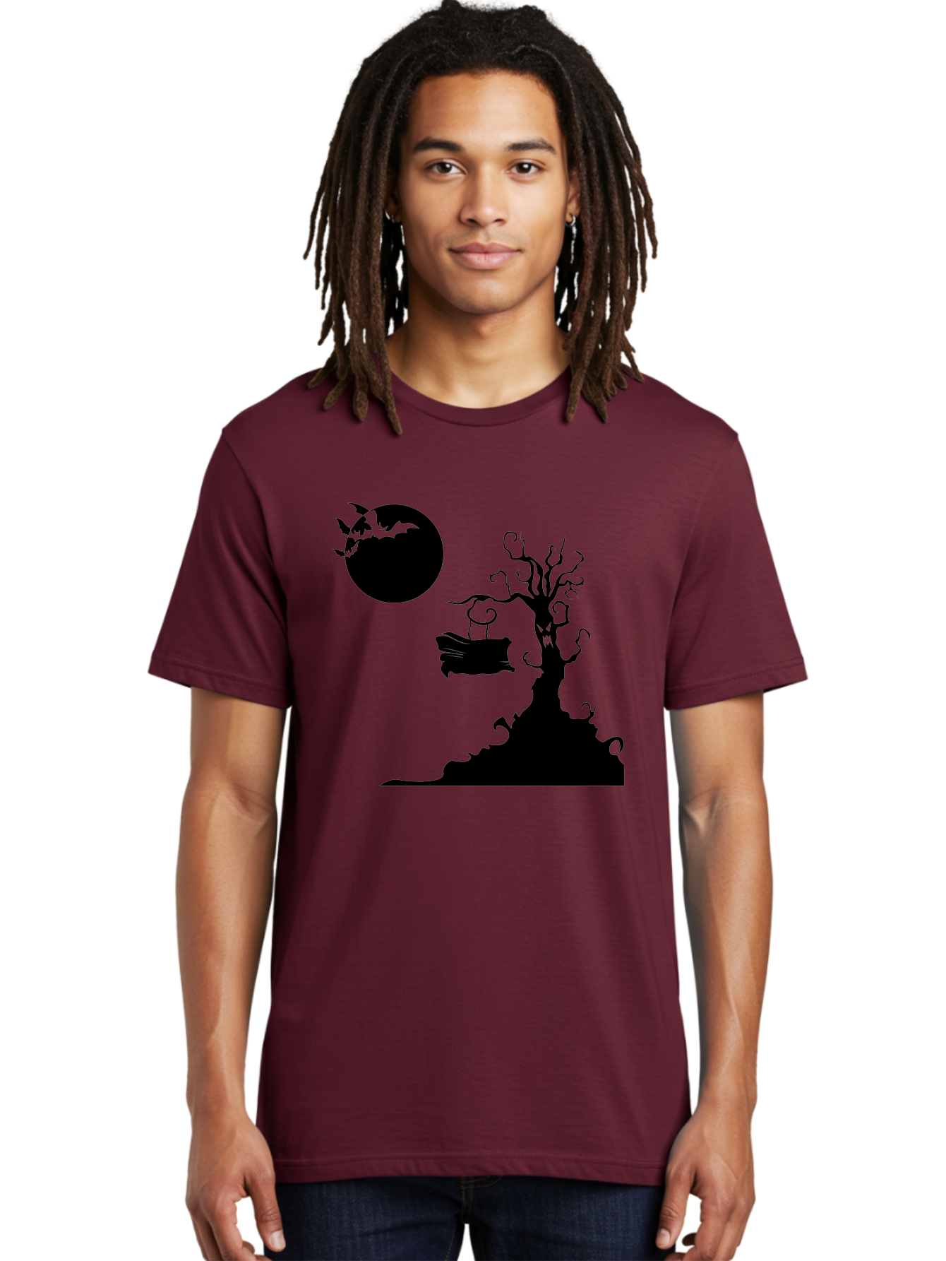 Halloween-Tree Men'S Graphic Tee, 100% Cotton, Comfortable Casual Summer Wear, Machine Washable, Halloween Scene, Spooky Atmosphere, Flying Bats, Haunted Tree, Swing, Full Moon, Dark Silhouette, Autumn Leaves, Halloween Decorations, Aab219