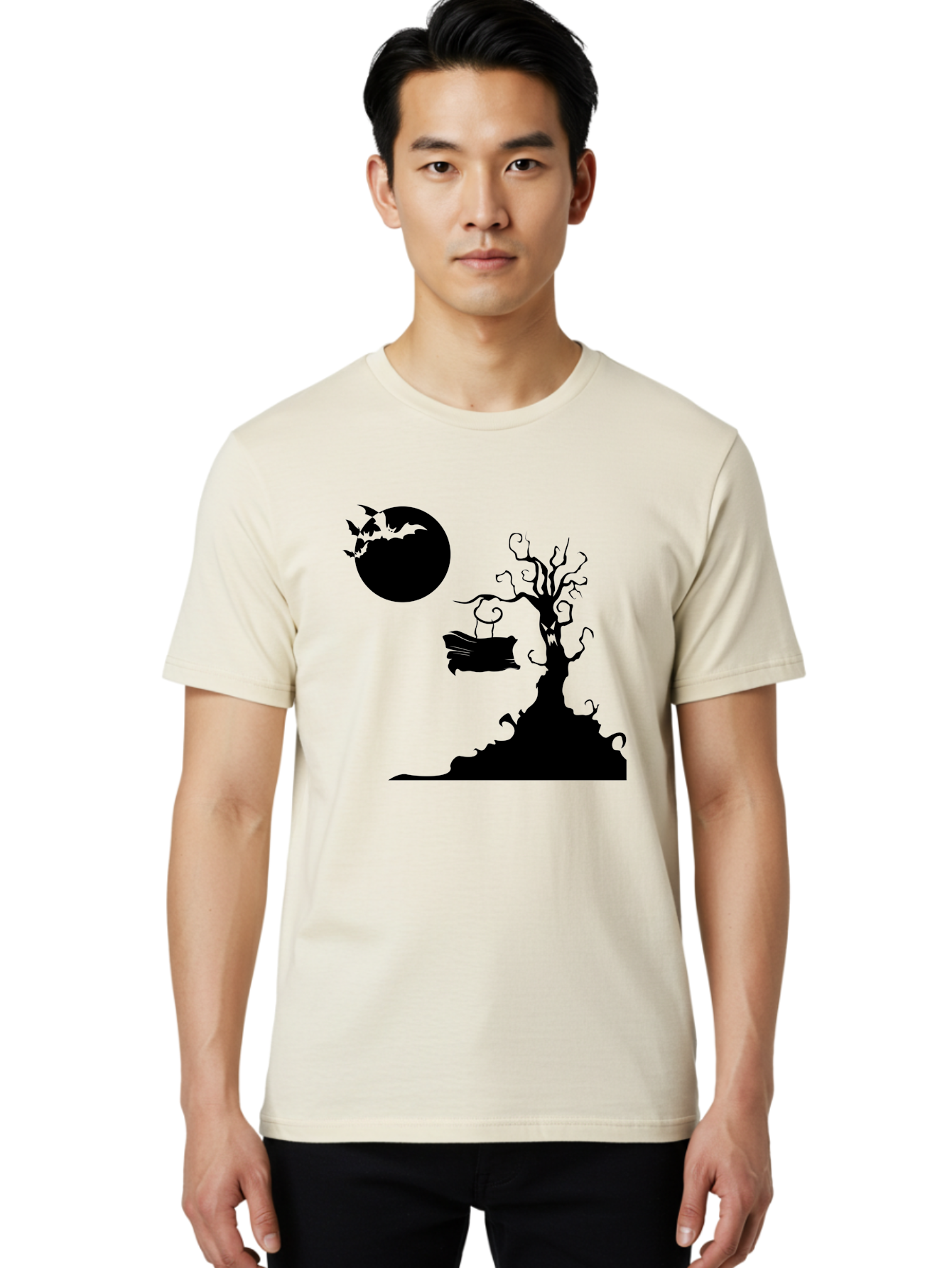 Halloween-Tree Men'S Graphic Tee, 100% Cotton, Comfortable Casual Summer Wear, Machine Washable, Halloween Scene, Spooky Atmosphere, Flying Bats, Haunted Tree, Swing, Full Moon, Dark Silhouette, Autumn Leaves, Halloween Decorations, Aab219