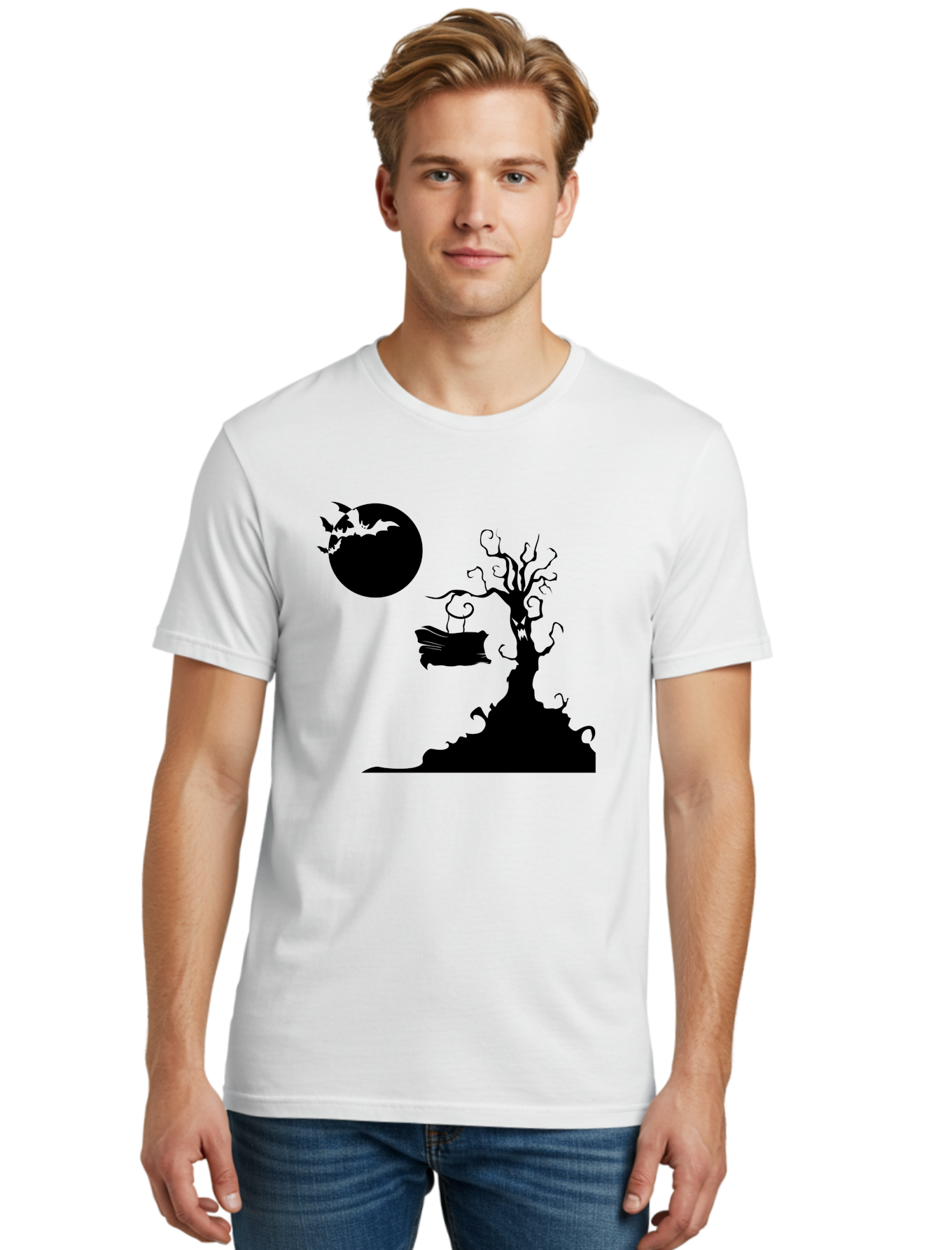 Halloween-Tree Men'S Graphic Tee, 100% Cotton, Comfortable Casual Summer Wear, Machine Washable, Halloween Scene, Spooky Atmosphere, Flying Bats, Haunted Tree, Swing, Full Moon, Dark Silhouette, Autumn Leaves, Halloween Decorations, Aab219