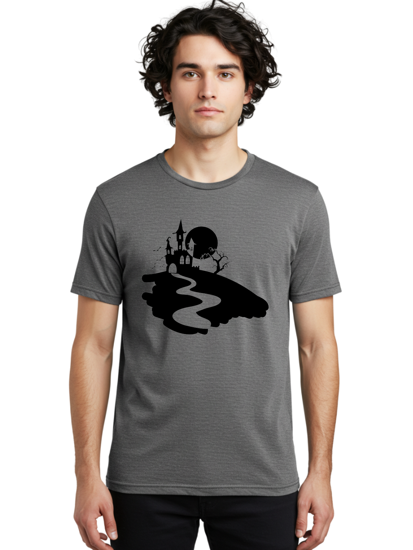 Hand-Holding-Haunted-Mansion Men'S Graphic Tee, 100% Cotton, Comfortable Casual Summer Wear, Machine Washable, Haunted Castle, Spooky Atmosphere, Witching Hour, Full Moon, Creepy Tree, Winding Path, Mystical Ambiance, Gothic Architecture, Aab220