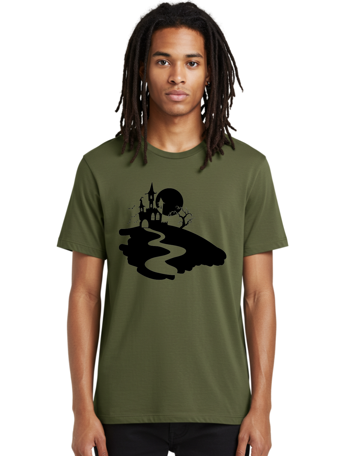 Hand-Holding-Haunted-Mansion Men'S Graphic Tee, 100% Cotton, Comfortable Casual Summer Wear, Machine Washable, Haunted Castle, Spooky Atmosphere, Witching Hour, Full Moon, Creepy Tree, Winding Path, Mystical Ambiance, Gothic Architecture, Aab220