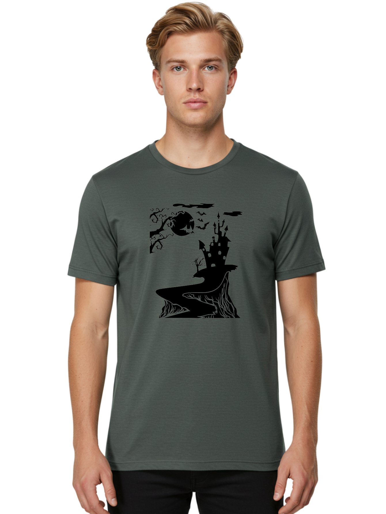 Haunted-Castle-1 Men'S Graphic Tee, 100% Cotton, Comfortable Casual Summer Wear, Machine Washable, Haunted House, Creepy Castle, Spooky Atmosphere, Halloween Theme, Dark Magic, Full Moon, Bats Flying Aab221