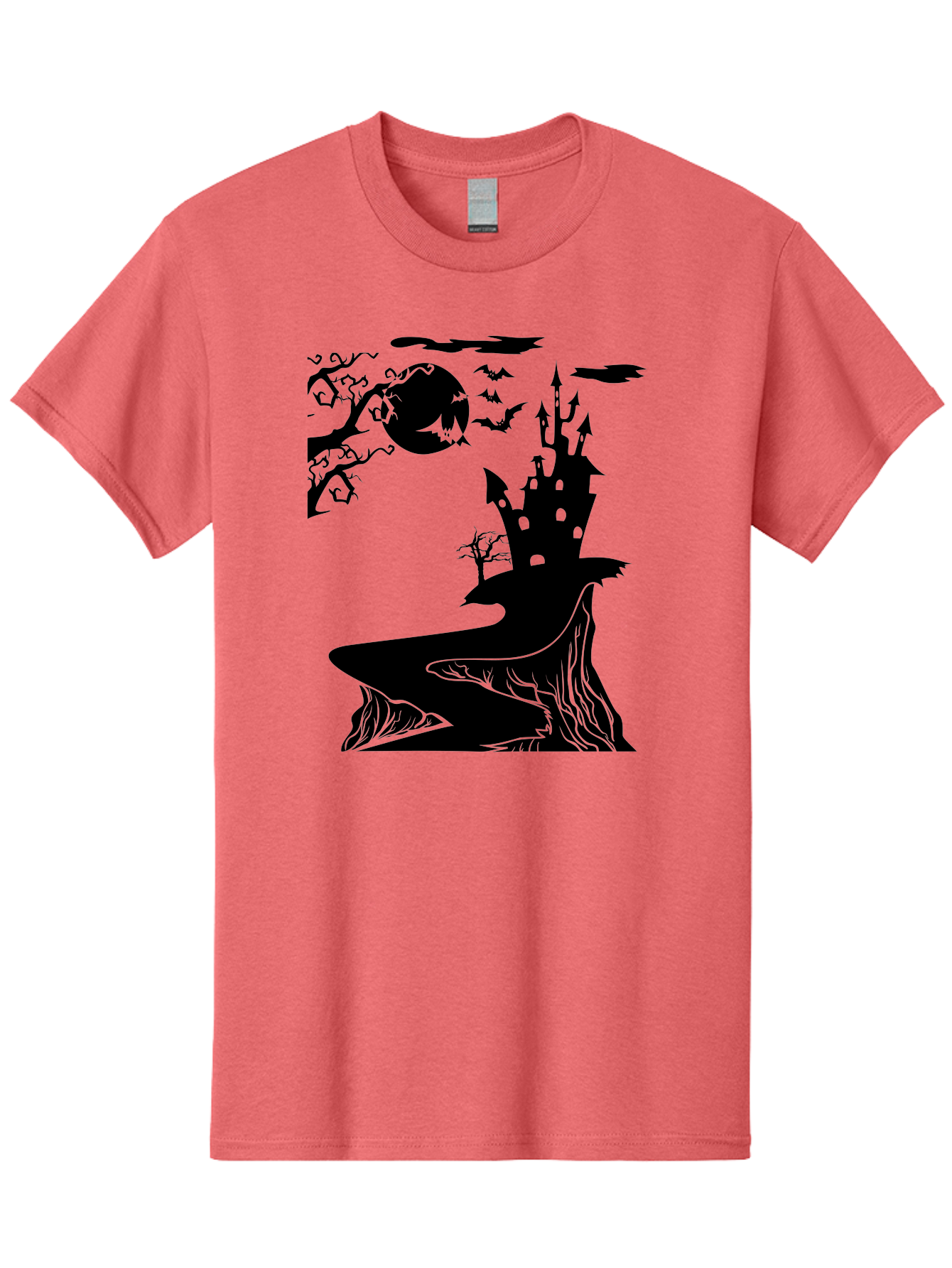 Haunted-Castle-1 Men'S Graphic Tee, 100% Cotton, Comfortable Casual Summer Wear, Machine Washable, Haunted House, Creepy Castle, Spooky Atmosphere, Halloween Theme, Dark Magic, Full Moon, Bats Flying Aab221