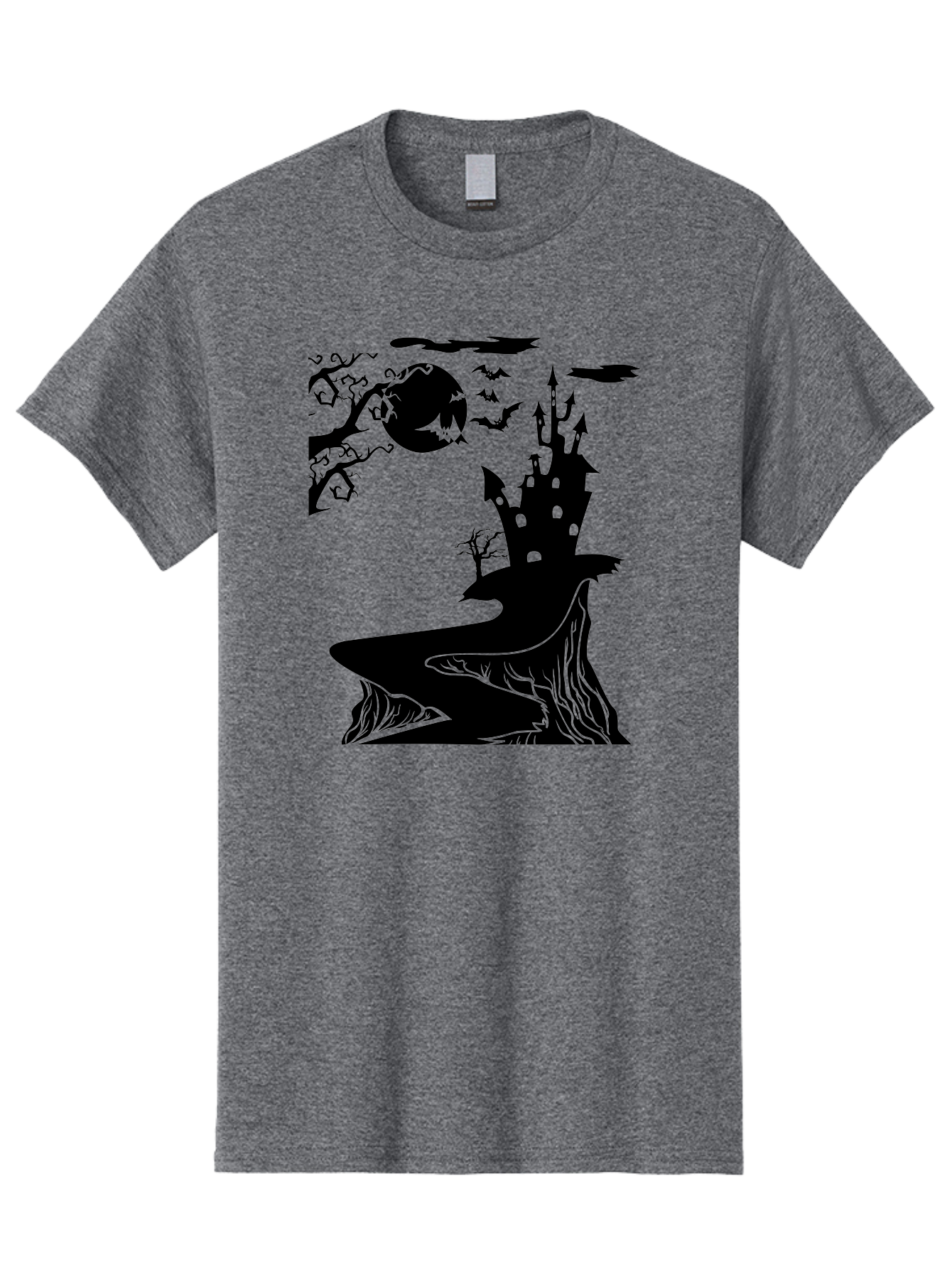 Haunted-Castle-1 Men'S Graphic Tee, 100% Cotton, Comfortable Casual Summer Wear, Machine Washable, Haunted House, Creepy Castle, Spooky Atmosphere, Halloween Theme, Dark Magic, Full Moon, Bats Flying Aab221