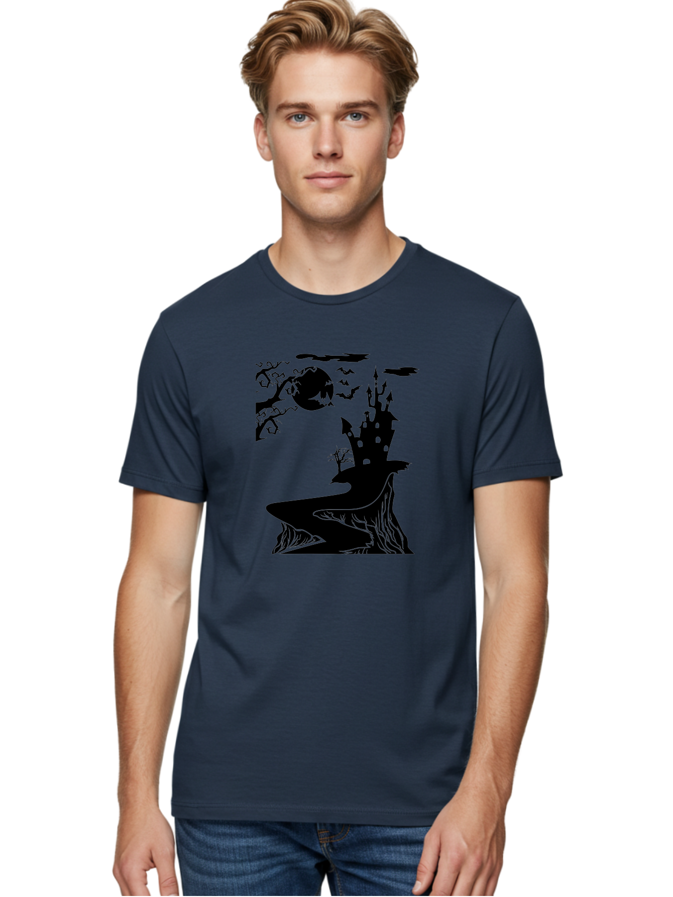 Haunted-Castle-1 Men'S Graphic Tee, 100% Cotton, Comfortable Casual Summer Wear, Machine Washable, Haunted House, Creepy Castle, Spooky Atmosphere, Halloween Theme, Dark Magic, Full Moon, Bats Flying Aab221