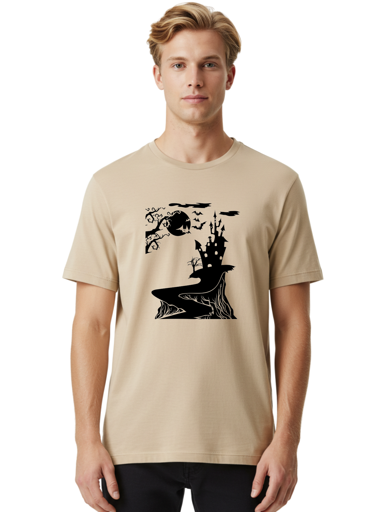 Haunted-Castle-1 Men'S Graphic Tee, 100% Cotton, Comfortable Casual Summer Wear, Machine Washable, Haunted House, Creepy Castle, Spooky Atmosphere, Halloween Theme, Dark Magic, Full Moon, Bats Flying Aab221