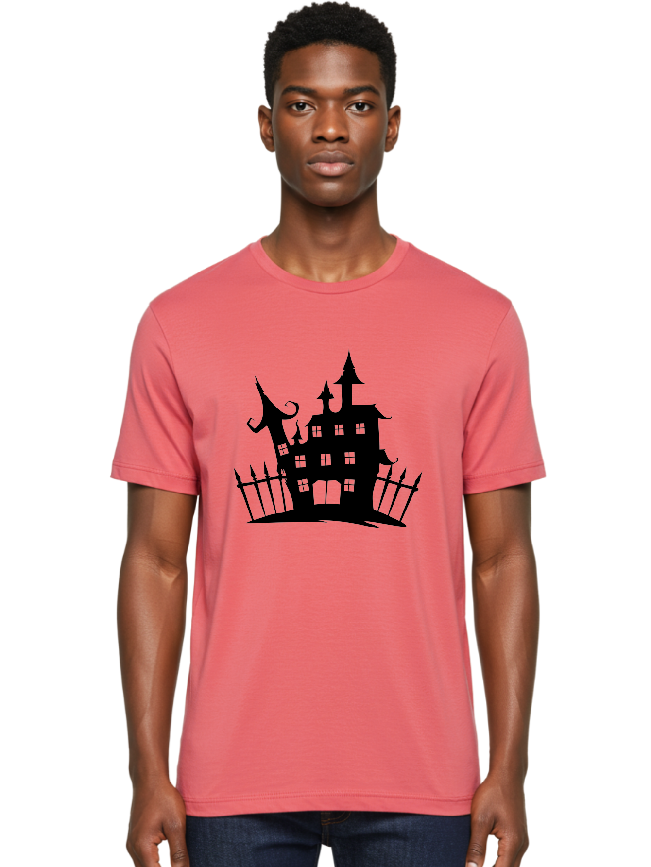 Haunted-House-1 Men'S Graphic Tee, 100% Cotton, Comfortable Casual Summer Wear, Machine Washable, Haunted Mansion, Creepy House, Horror Theme, Spooky Atmosphere, Gothic Architecture, Haunted Location, Eerie Vibe, Black Silhouette Aab223