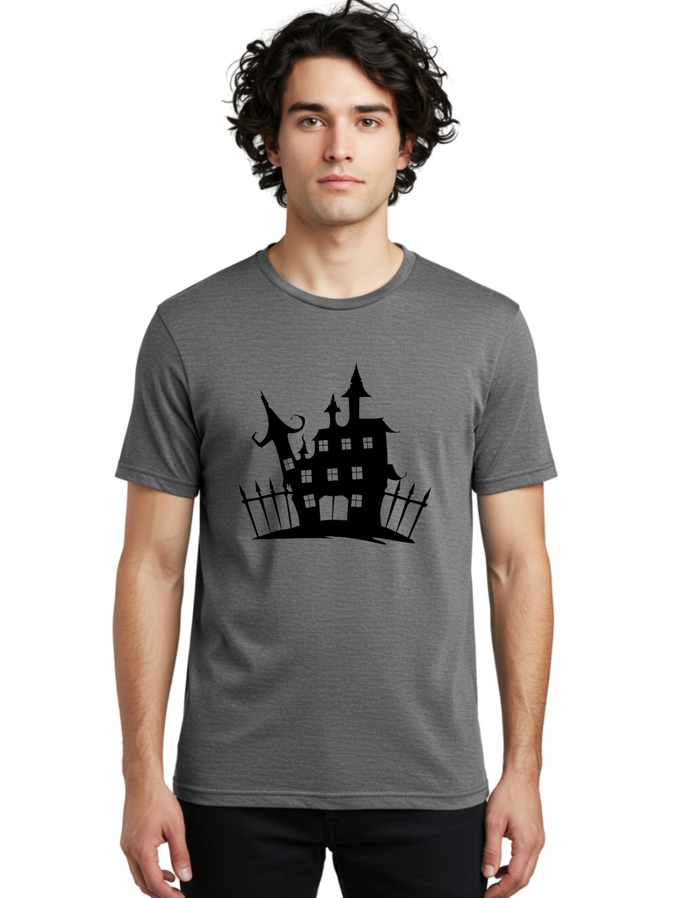 Haunted-House-1 Men'S Graphic Tee, 100% Cotton, Comfortable Casual Summer Wear, Machine Washable, Haunted Mansion, Creepy House, Horror Theme, Spooky Atmosphere, Gothic Architecture, Haunted Location, Eerie Vibe, Black Silhouette Aab223