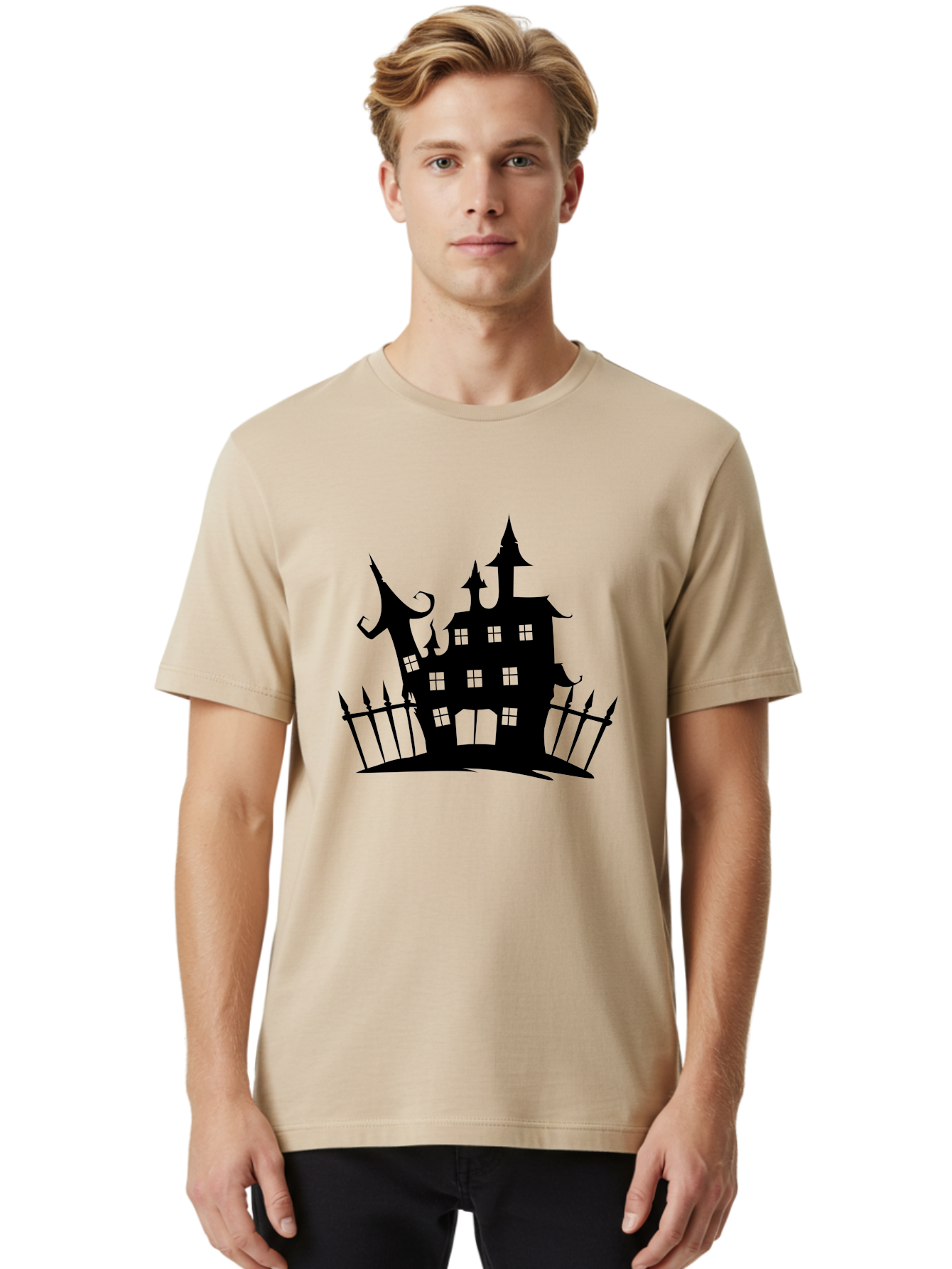 Haunted-House-1 Men'S Graphic Tee, 100% Cotton, Comfortable Casual Summer Wear, Machine Washable, Haunted Mansion, Creepy House, Horror Theme, Spooky Atmosphere, Gothic Architecture, Haunted Location, Eerie Vibe, Black Silhouette Aab223