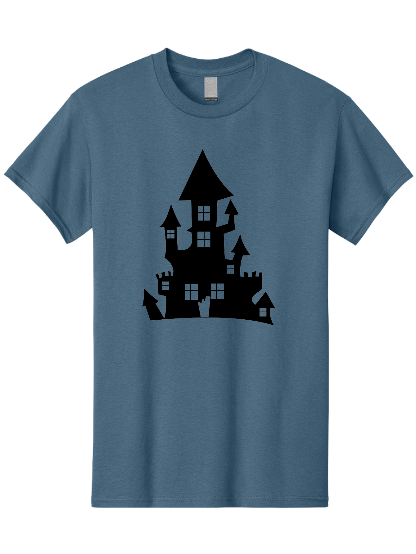 Haunted-House-Silhouette-1 Men'S Graphic Tee, 100% Cotton, Comfortable Casual Summer Wear, Machine Washable, Medieval Castle, Black Silhouette, Fantasy Architecture, Mysterious Atmosphere, Gothic Style, Spooky Vibe, Dark Magic, Haunted House, Aab224