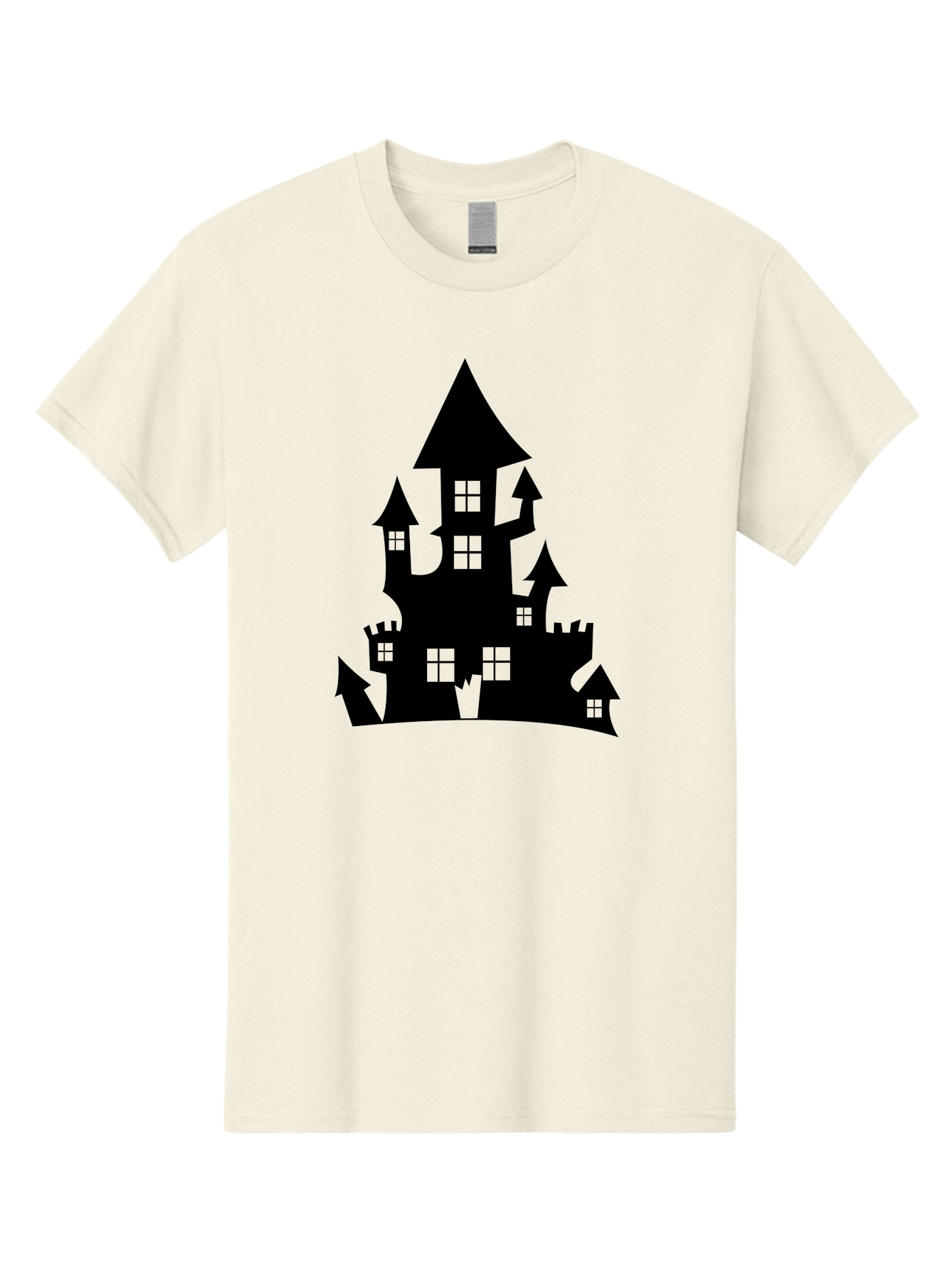 Haunted-House-Silhouette-1 Men'S Graphic Tee, 100% Cotton, Comfortable Casual Summer Wear, Machine Washable, Medieval Castle, Black Silhouette, Fantasy Architecture, Mysterious Atmosphere, Gothic Style, Spooky Vibe, Dark Magic, Haunted House, Aab224