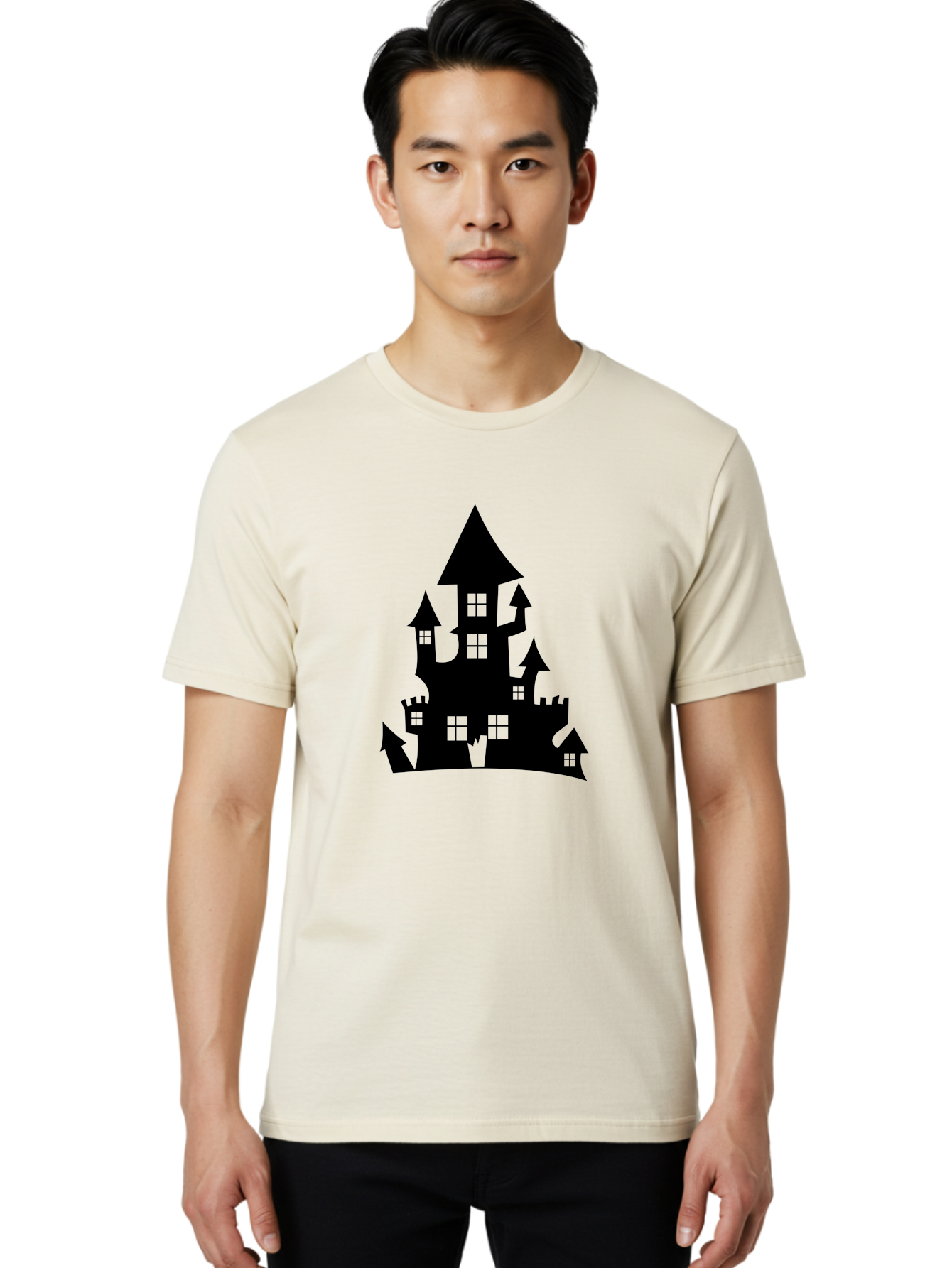 Haunted-House-Silhouette-1 Men'S Graphic Tee, 100% Cotton, Comfortable Casual Summer Wear, Machine Washable, Medieval Castle, Black Silhouette, Fantasy Architecture, Mysterious Atmosphere, Gothic Style, Spooky Vibe, Dark Magic, Haunted House, Aab224